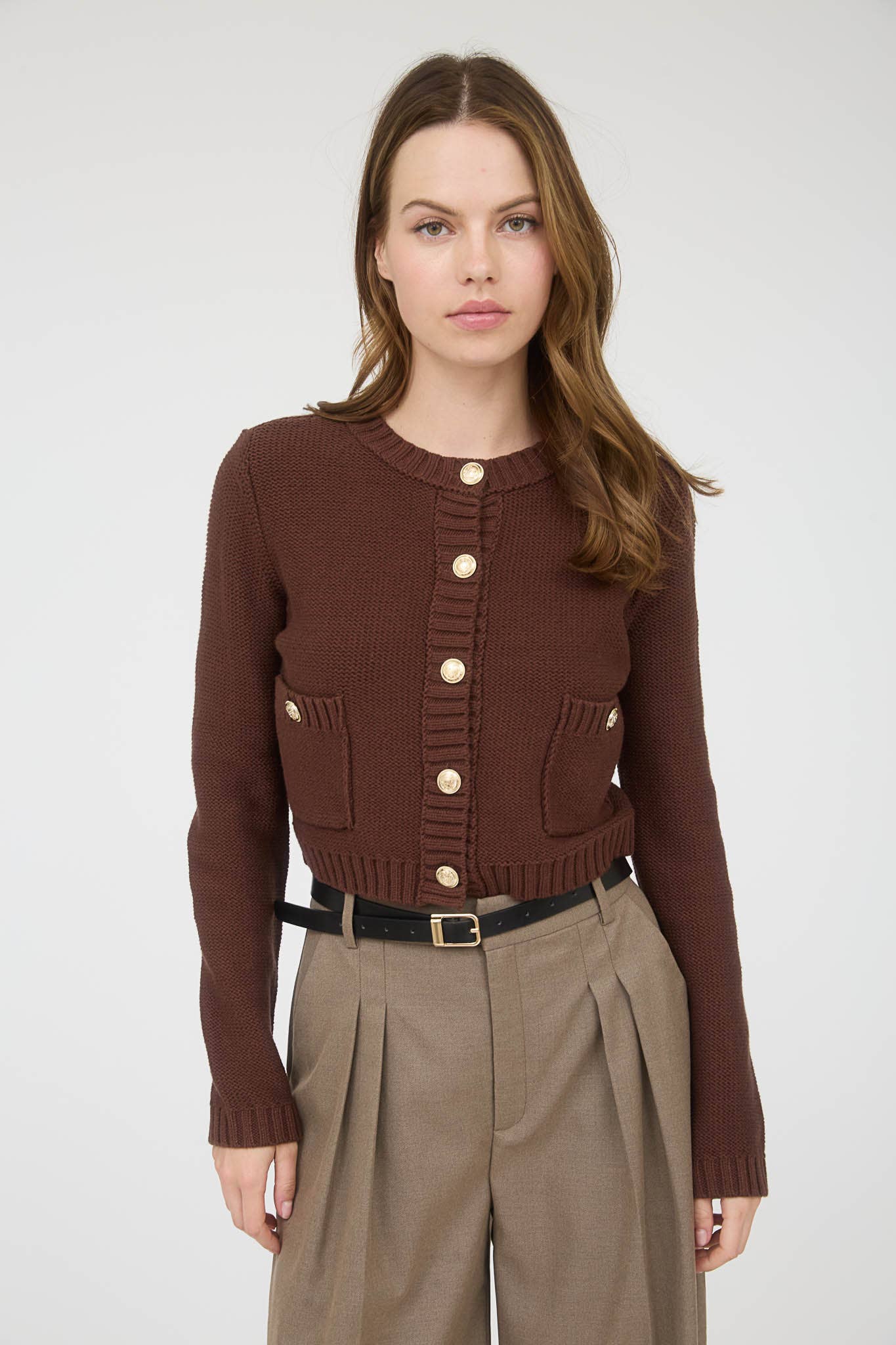 GOLD BUTTON KNIT CARDIGAN SWEATER Brown
