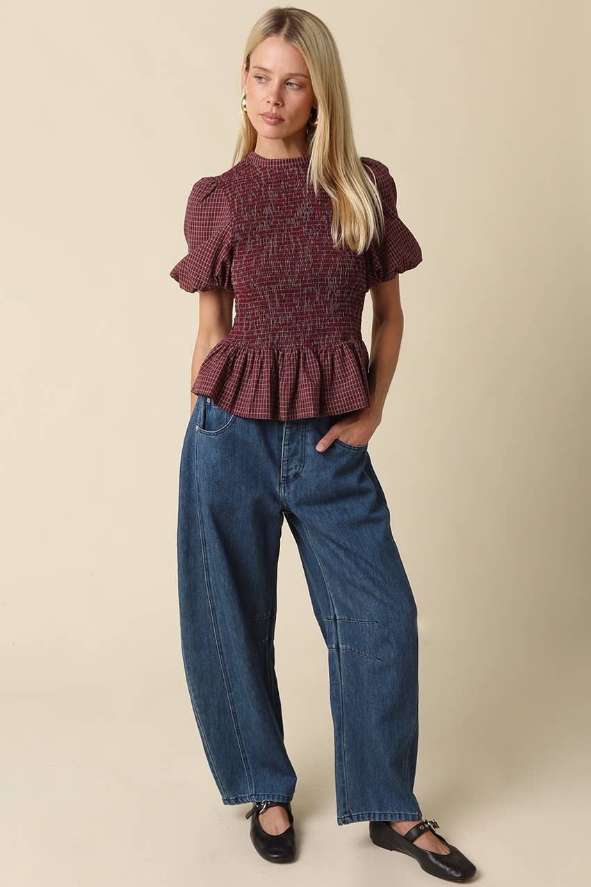 Maggie Plaid Smocked Peplum Top