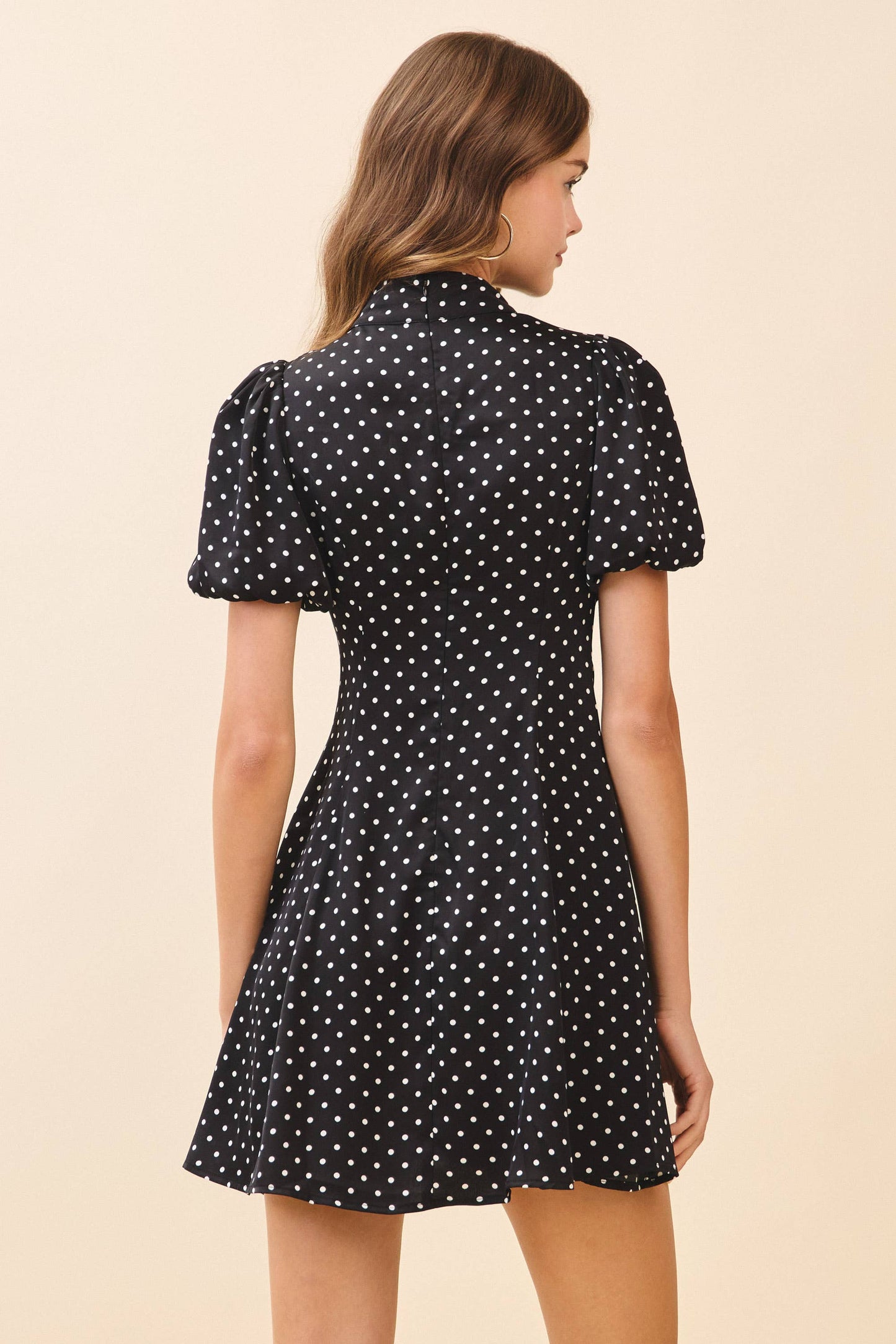Polka Dot Print Self Tie Bow Neck Mini Dress