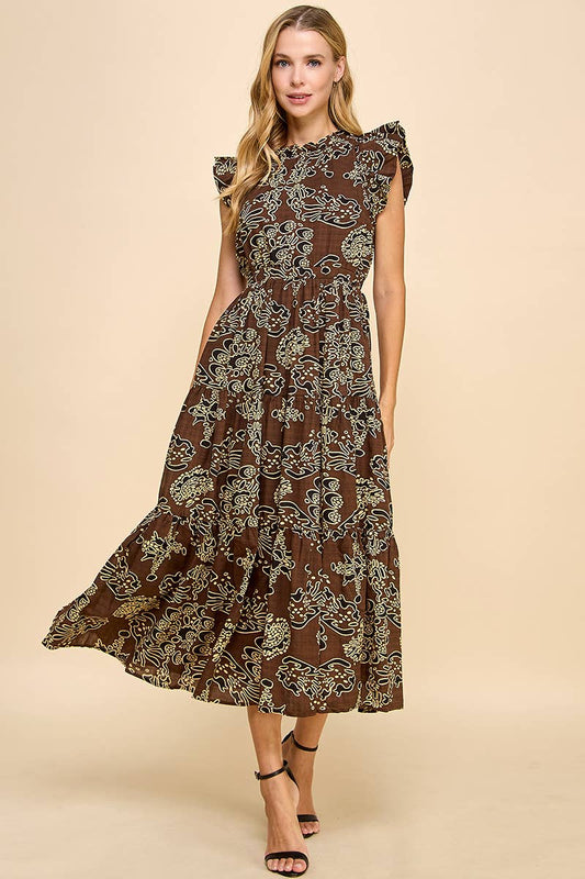 Print Ruffle Sleeve Back Keyhole Dress