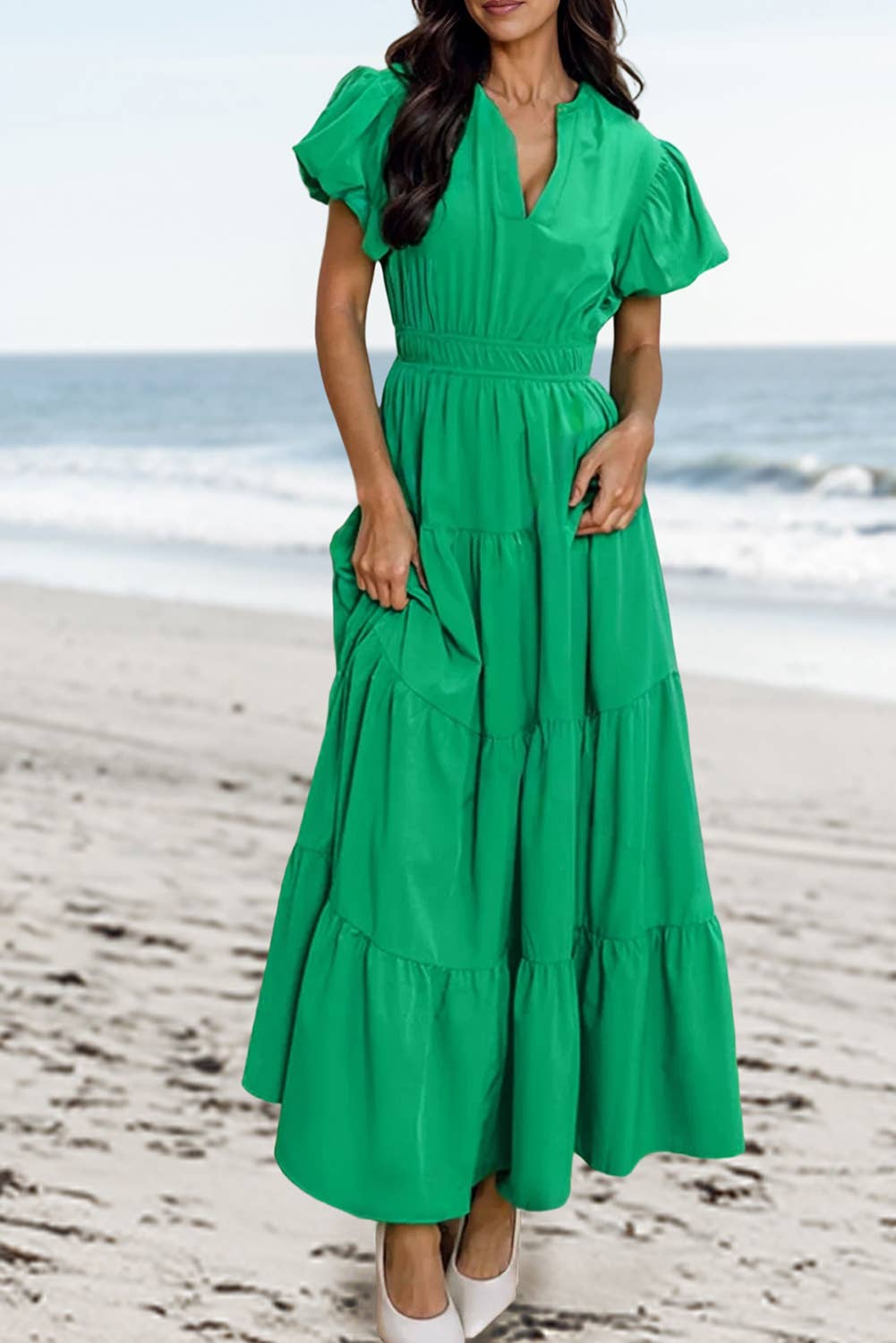 Solid V Neck Short Puff Sleeve Tiered Maxi Dress | S-XL