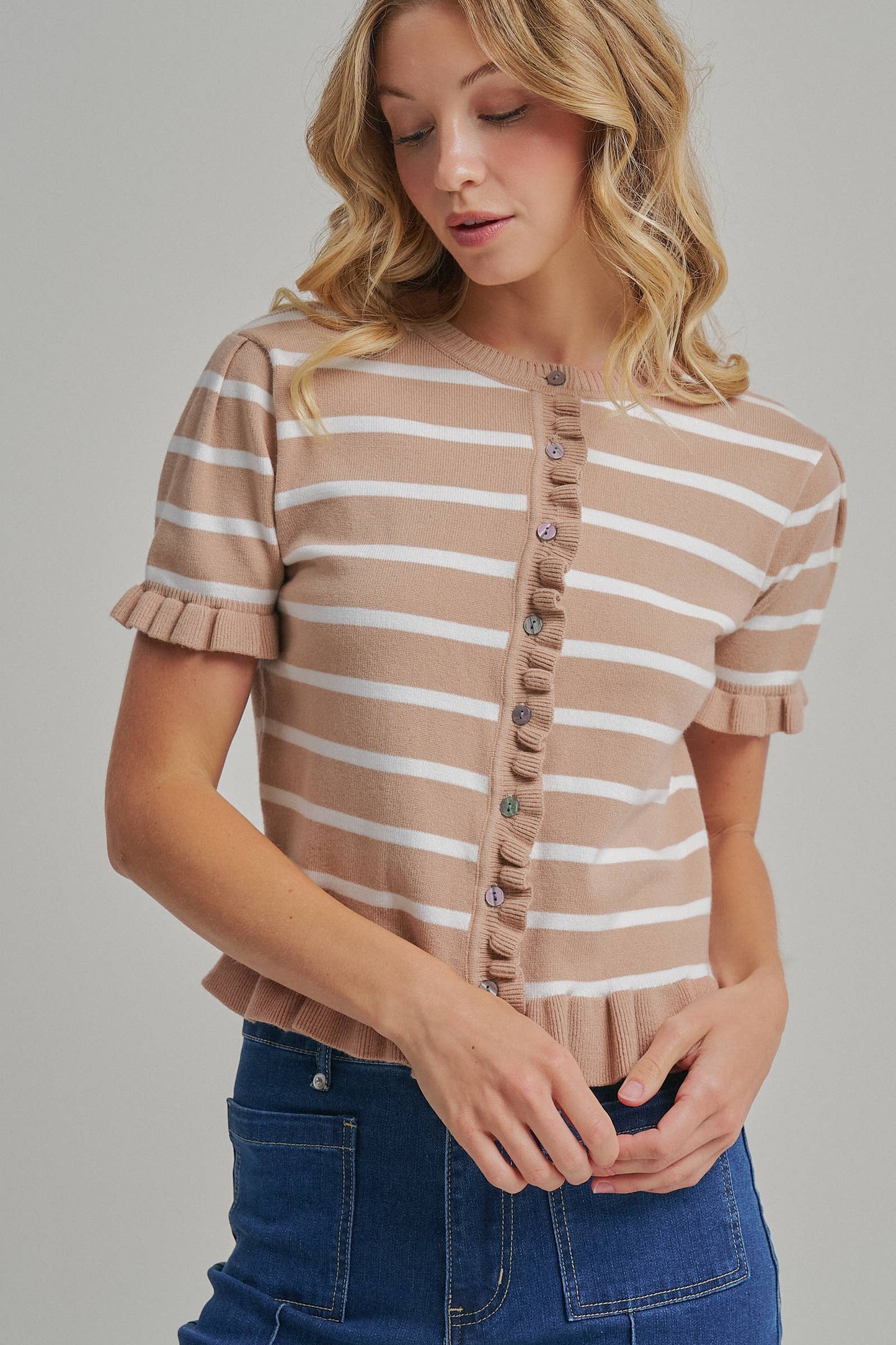 STRIPE KNITTED SWEATER BUTTON DOWN CARDIGAN TOP WITH RUFFLE