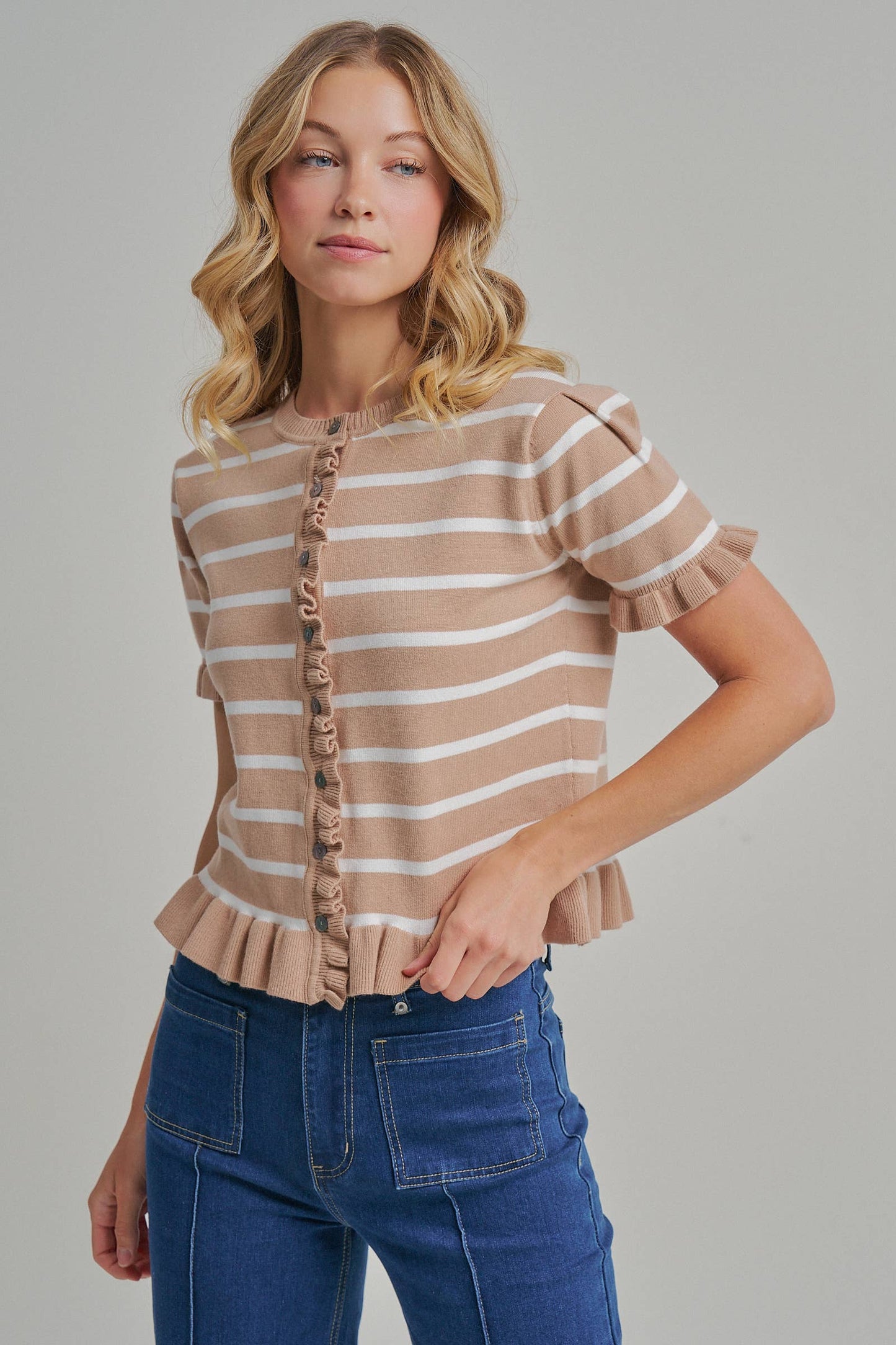 STRIPE KNITTED SWEATER BUTTON DOWN CARDIGAN TOP WITH RUFFLE