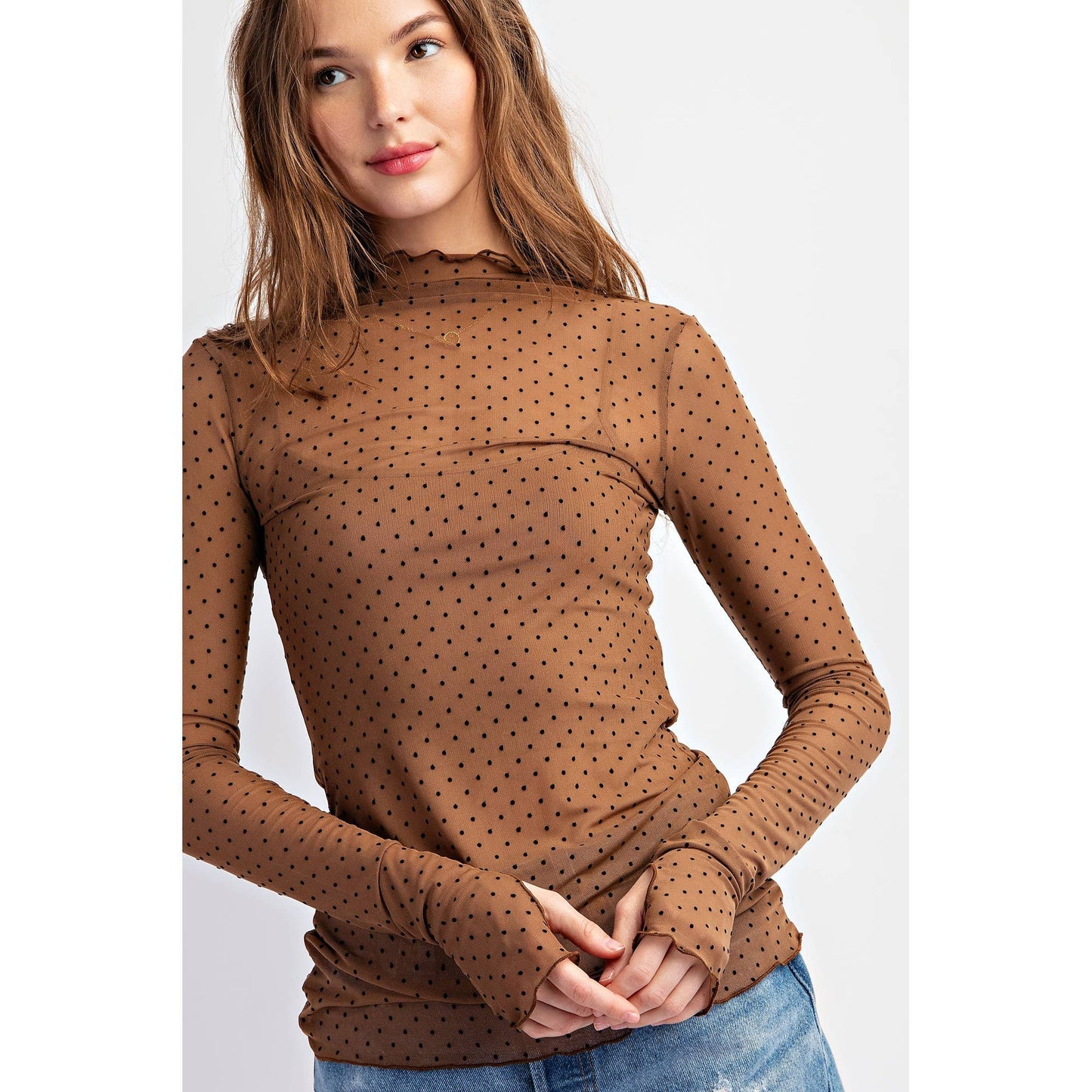 POLKA-DOT MESH LONG SLEEVE TOP