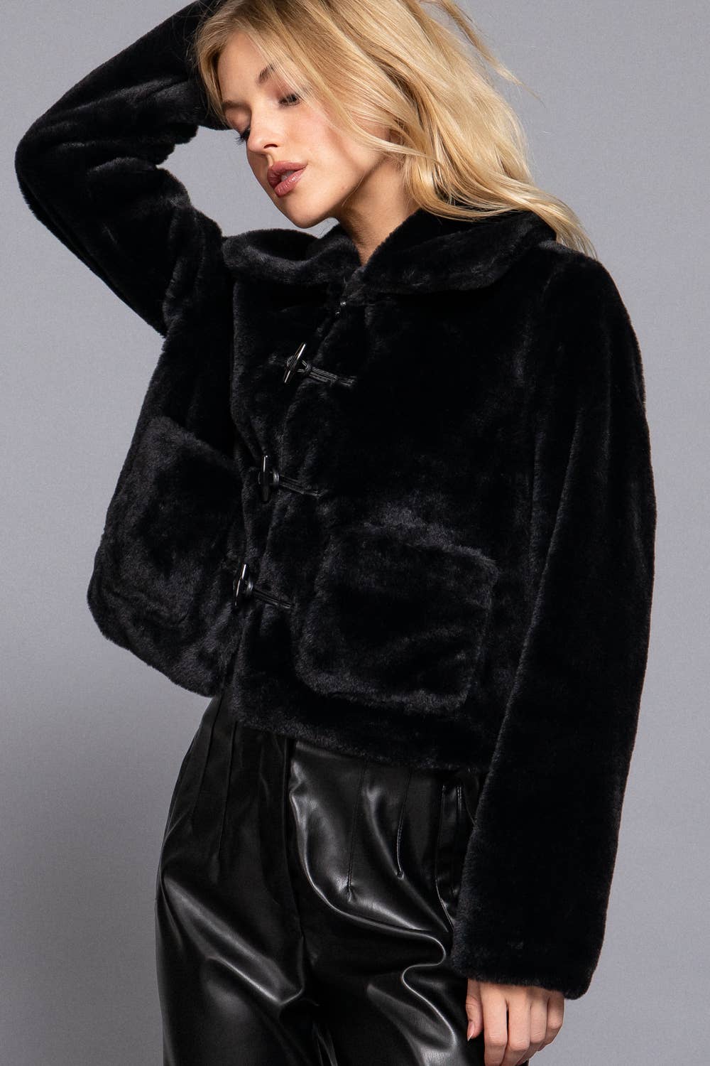Long Sleeve Collar with Toggle Button Fur Duffle Jacket