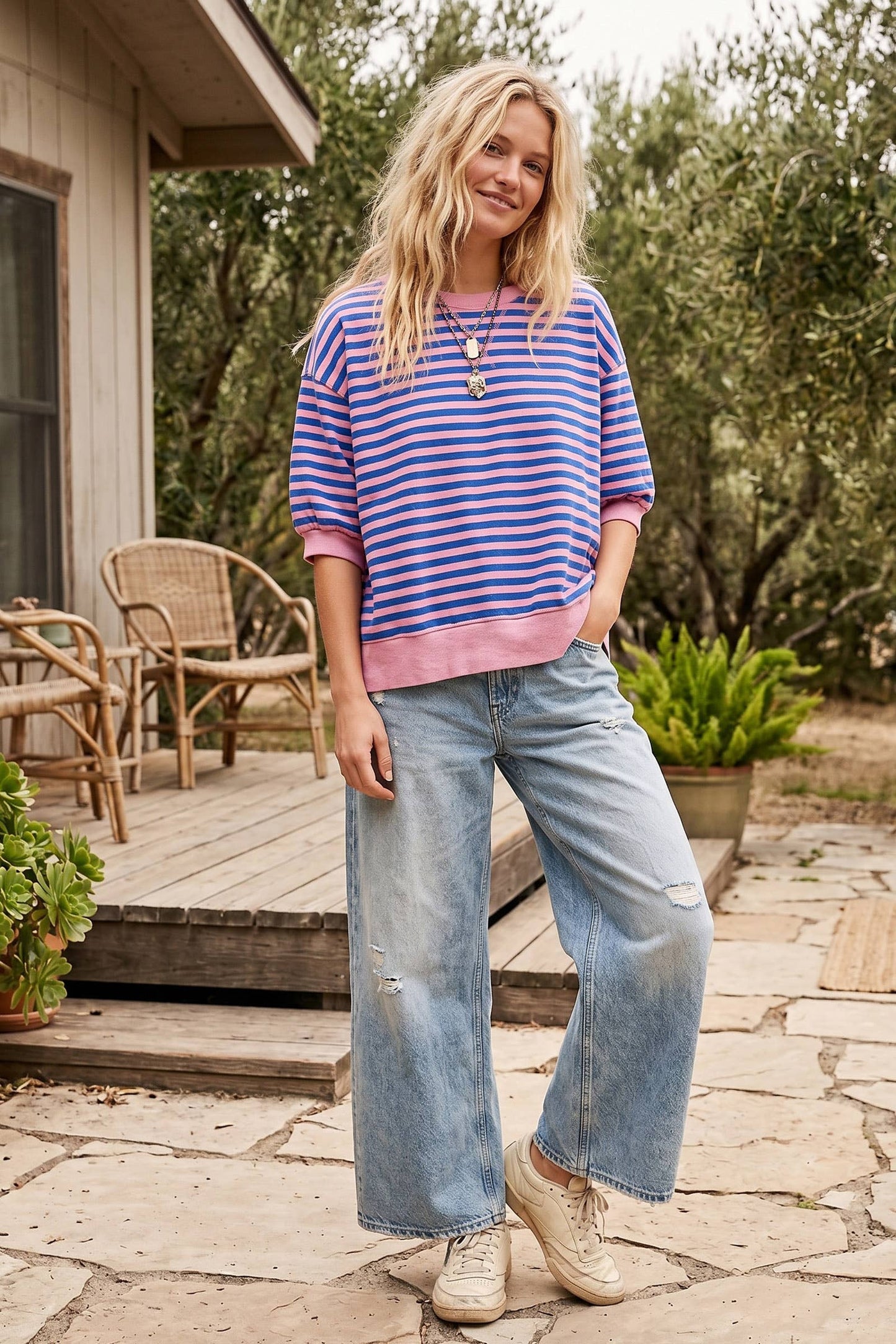 Striped Contrast Trim Knit Top