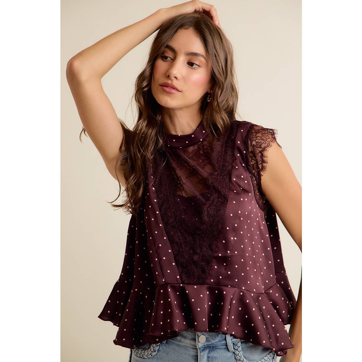 POLKA DOT LACE TRIM RUFFLED NECK BLOUSE