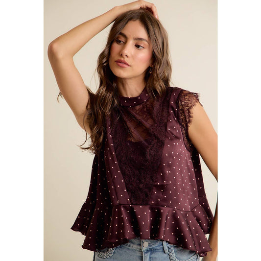 POLKA DOT LACE TRIM RUFFLED NECK BLOUSE