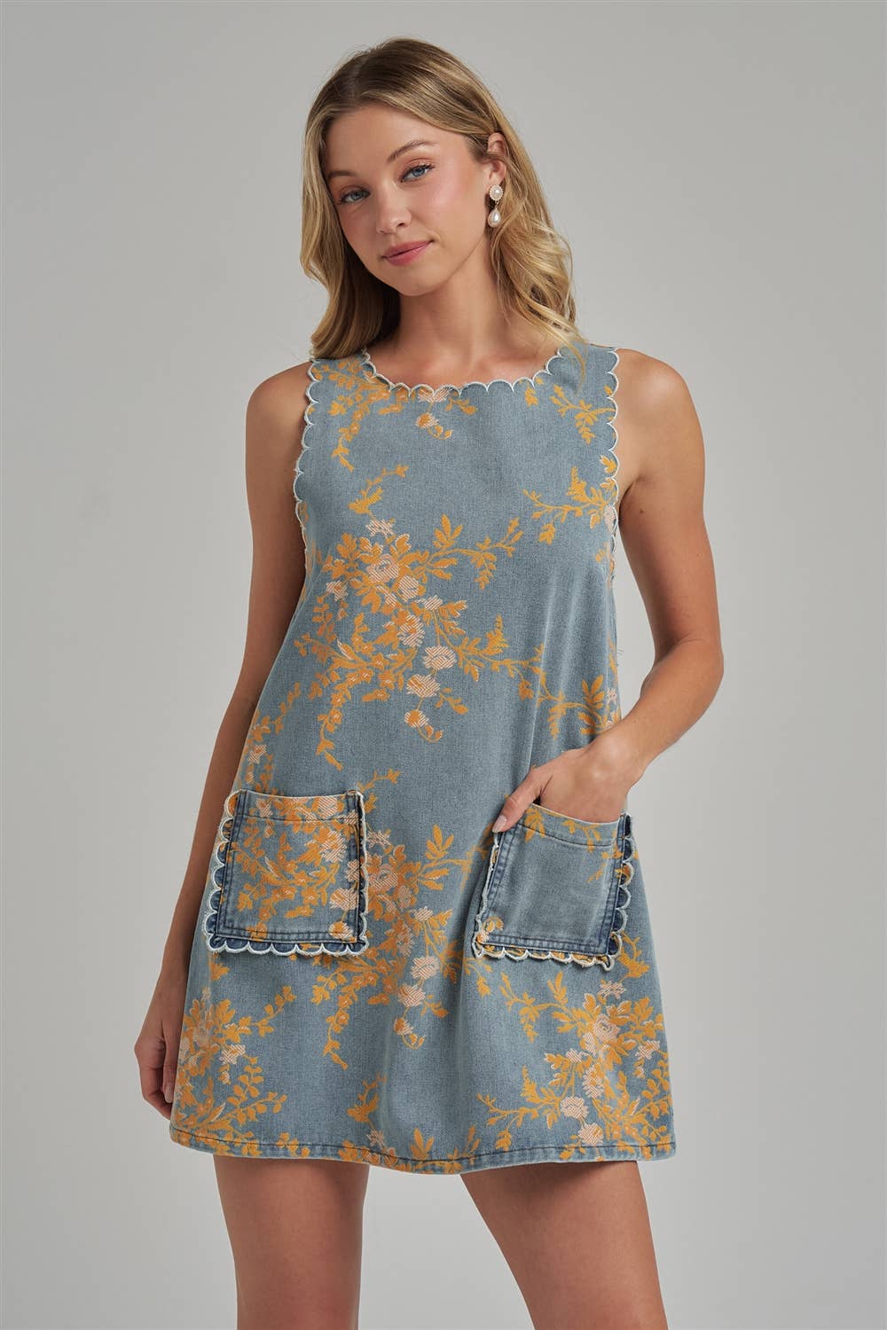 FLORAL DENIM MINI DRESS WITH SCALLOPED EMBROIDERY STITCHING