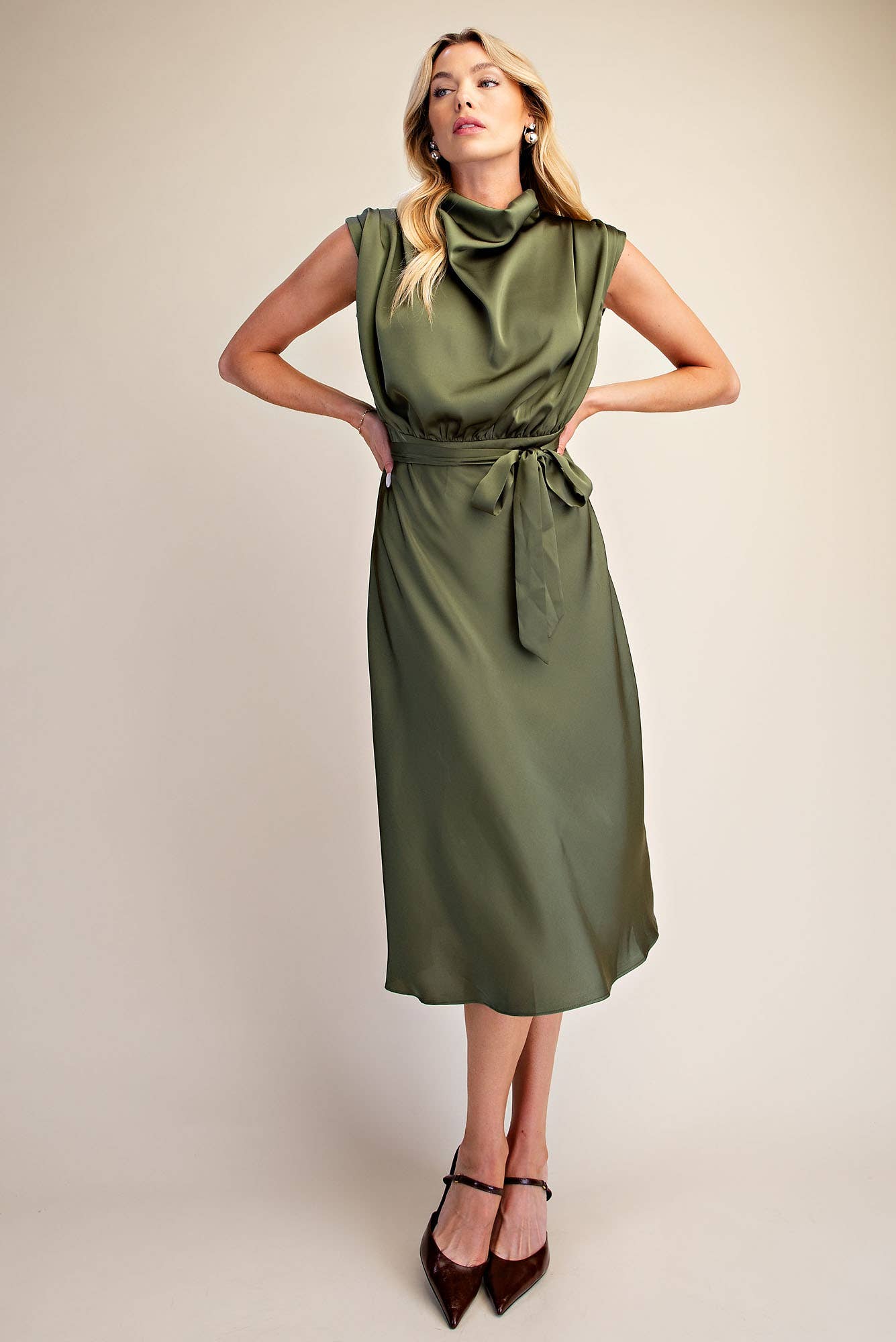 Waist Tie Sleeveless Midi Dress with Cowl Neck