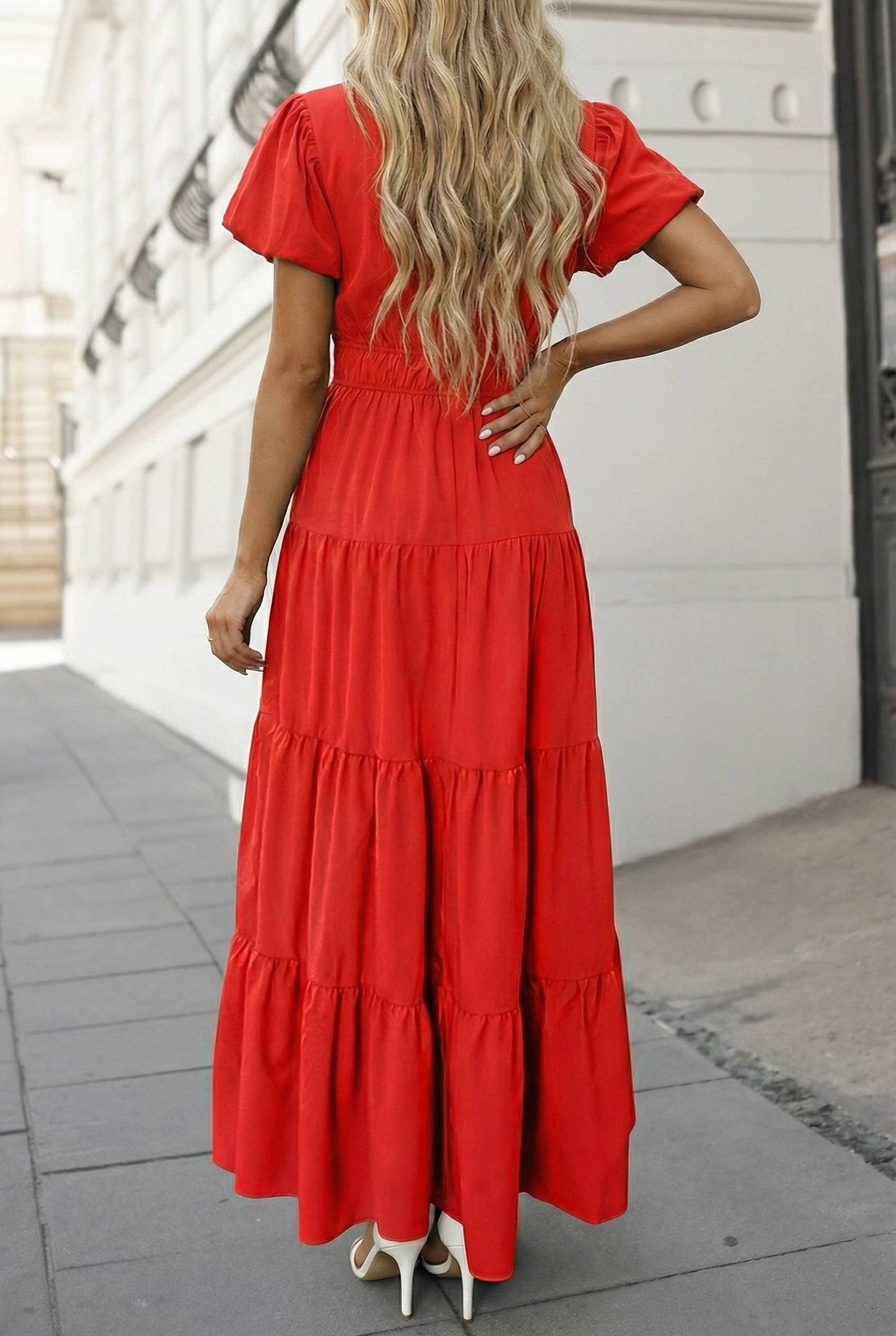 Solid V Neck Short Puff Sleeve Tiered Maxi Dress | S-XL