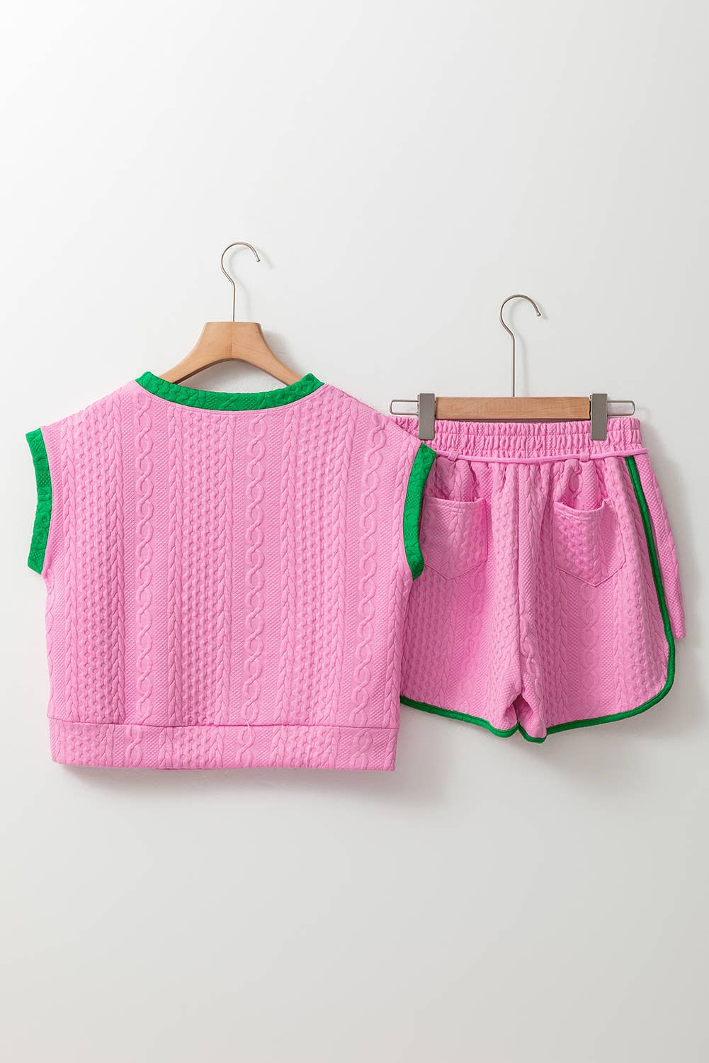 Contrast Trim Cable Textured Shorts Set