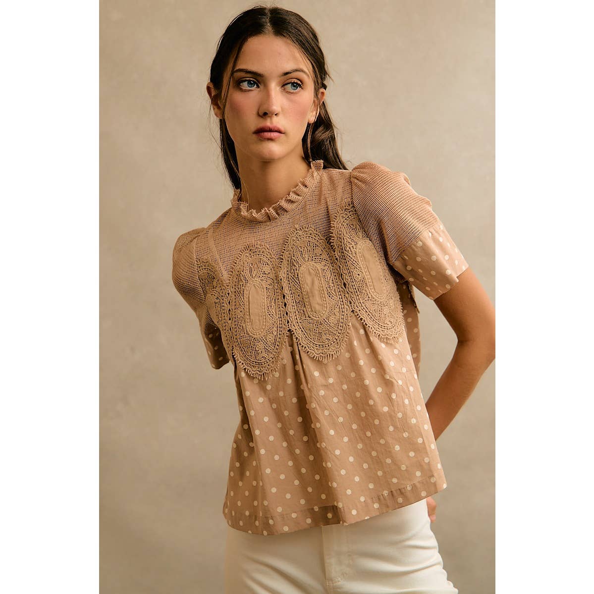 POLKA DOT PRINT LACE TRIM SHORT SLEEVES COTTON BLOUSE TOP