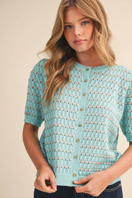 POINTELLE SHORT PUFF SLEEVE BUTTON DOWN SWEATER MSW11254