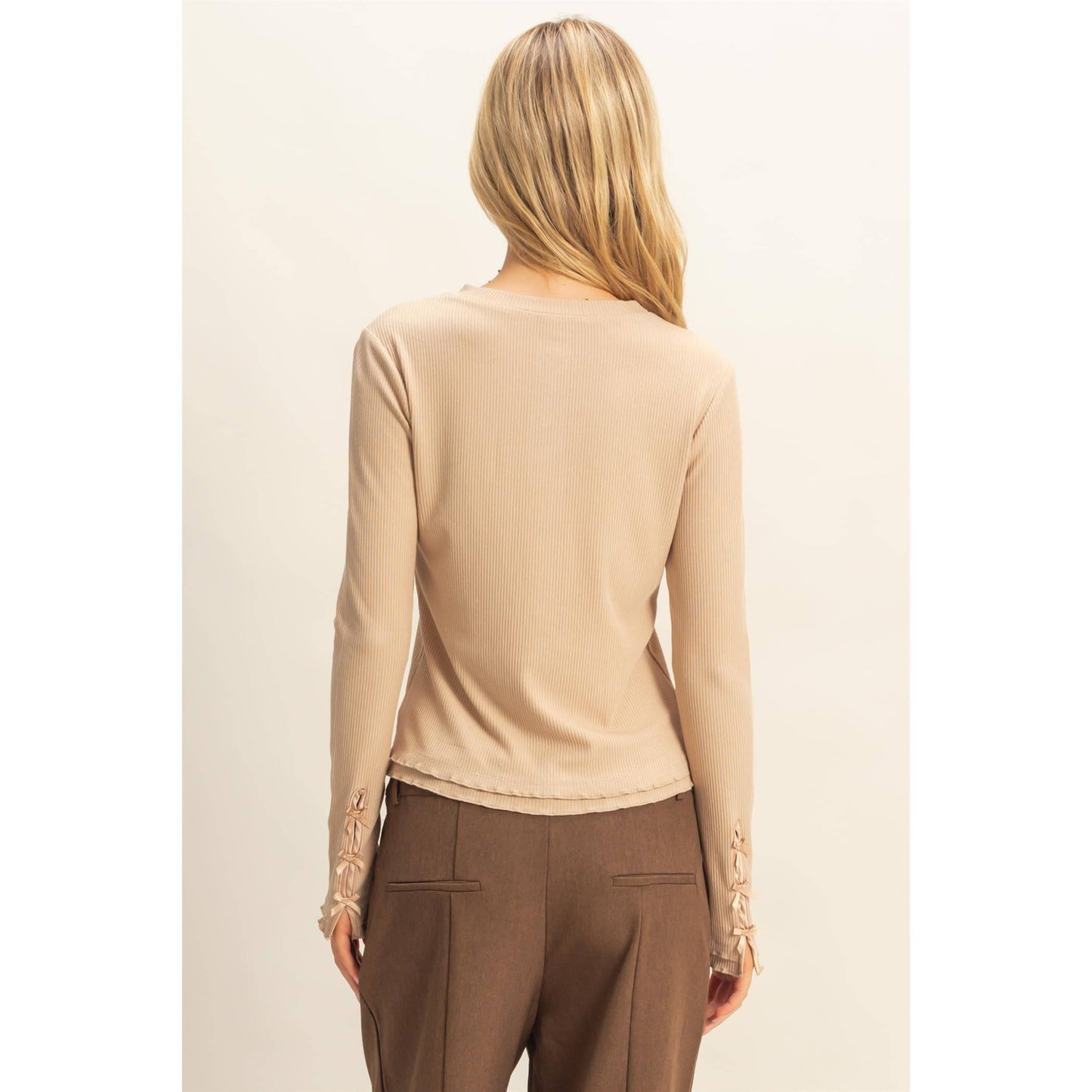 Long Sleeve Ribbed Button Down Knit Top Khaki