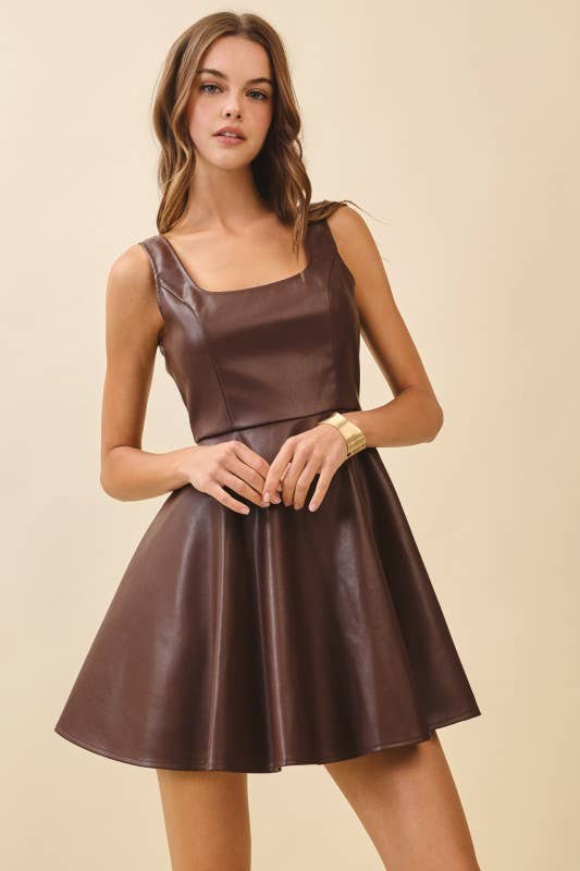Faux Leather Scoop Back Fitted Bodice Mini Dress