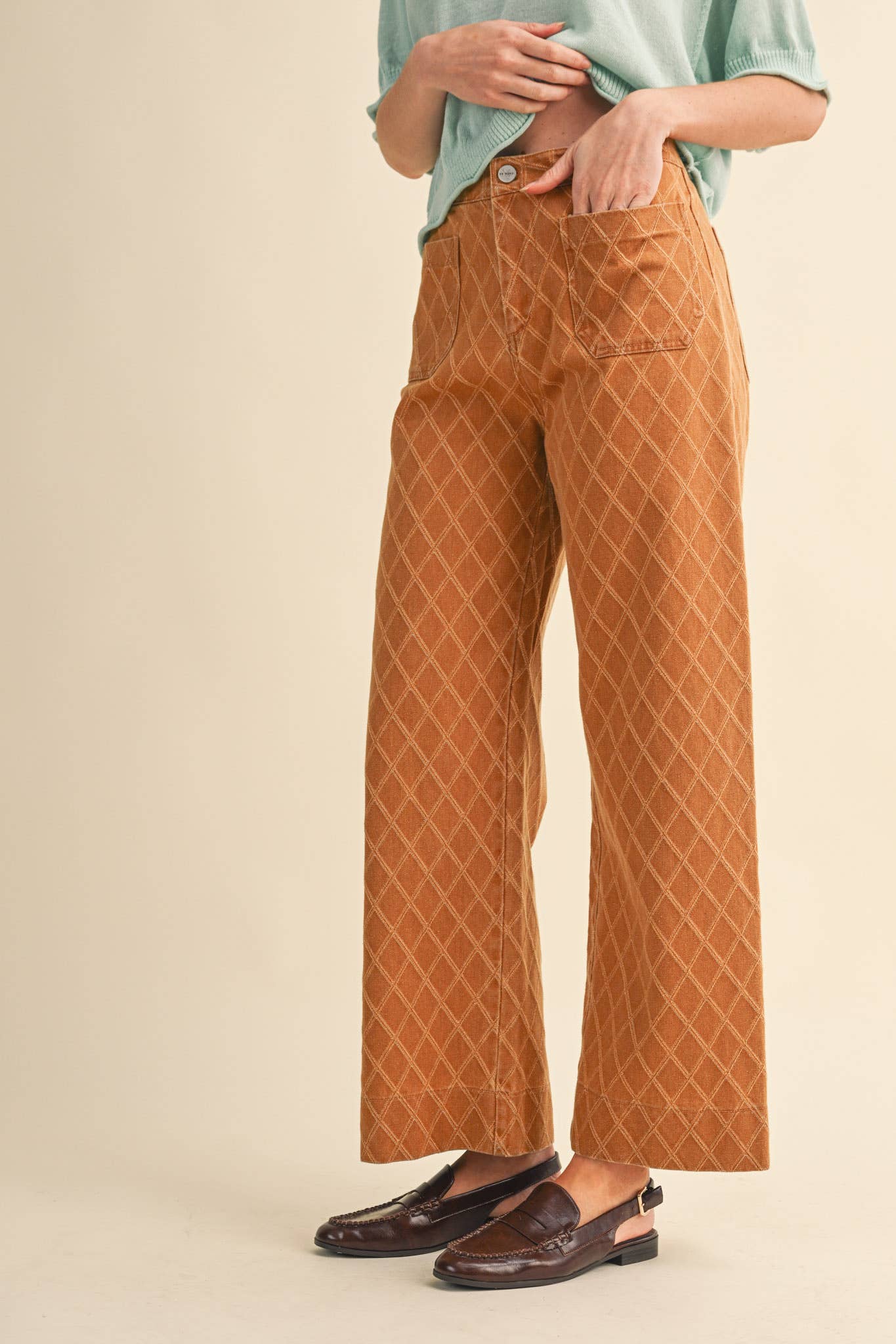 HIGH WAIST DIAMOND QUILTED TEXTURE WIDE LEG PANTS
