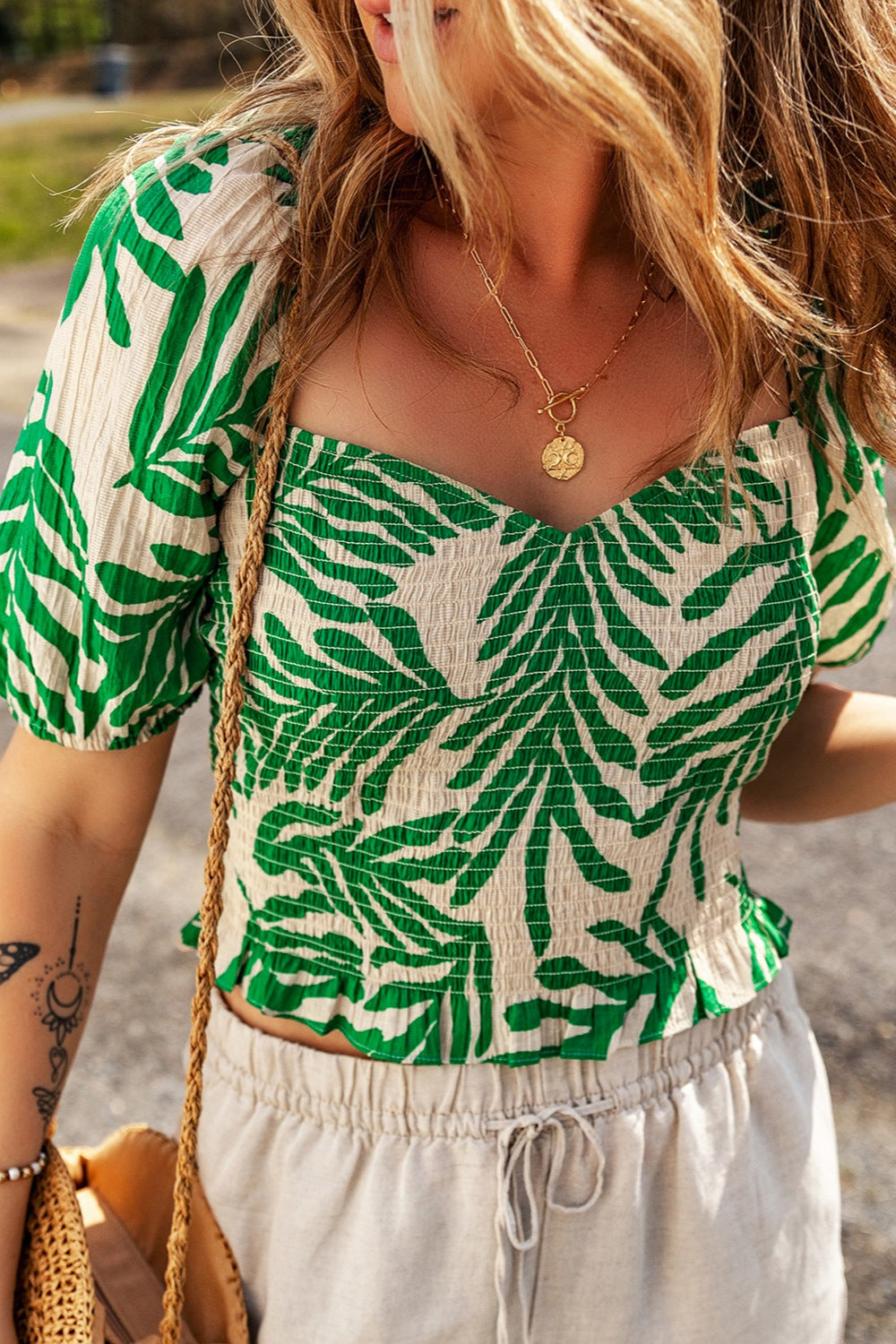 Smocked Printed Short Sleeve Blouse