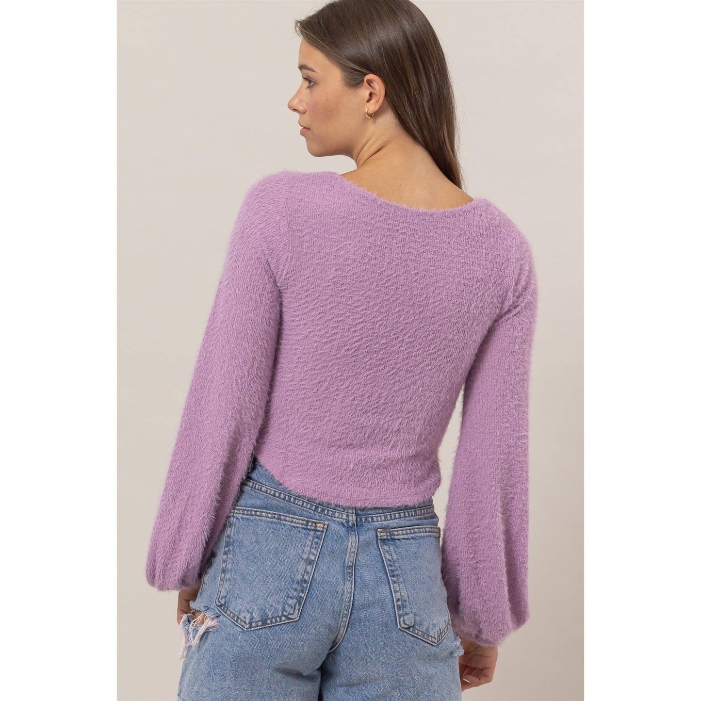 Scoop Neck Fuzzy Knit Top Purple