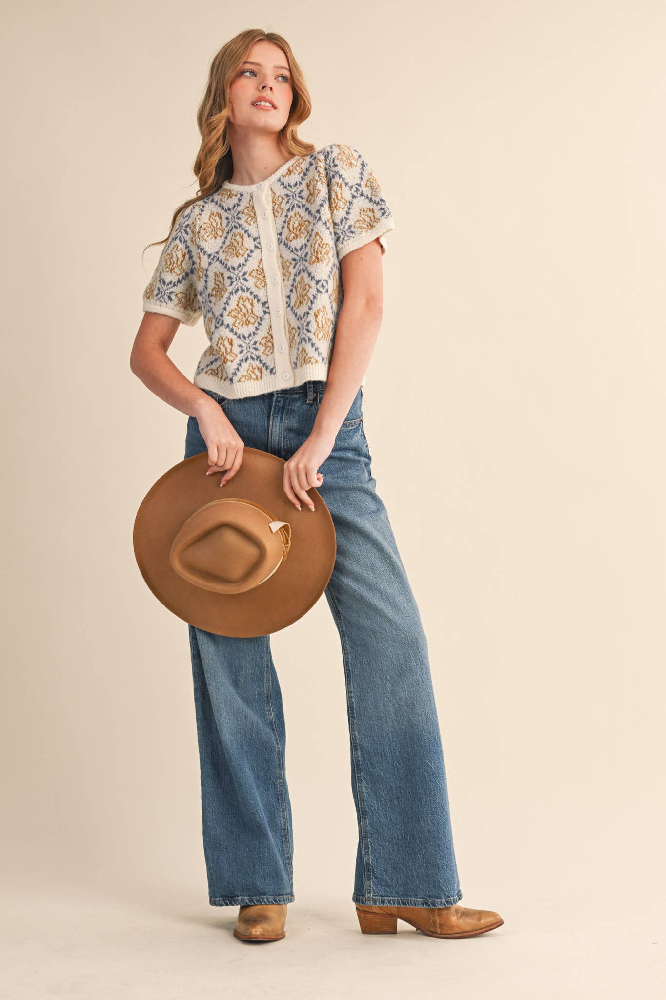 FLORAL SHORT SLEEVE SWEATER CARDIGAN Cream/Blue