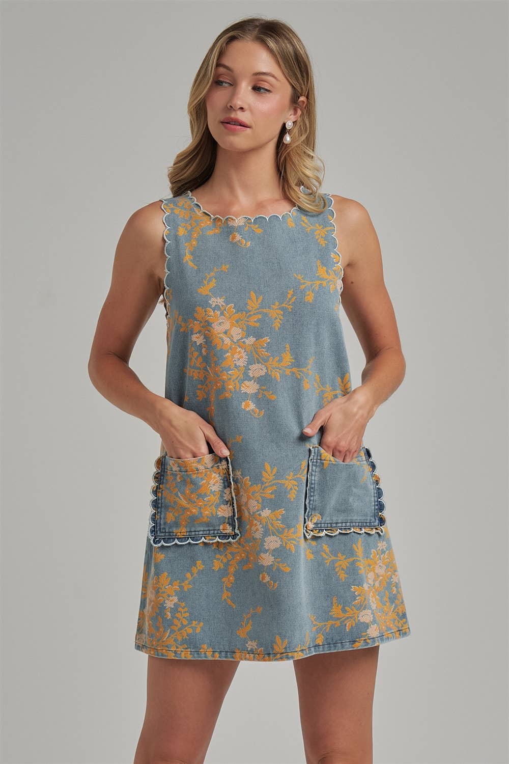 FLORAL DENIM MINI DRESS WITH SCALLOPED EMBROIDERY STITCHING