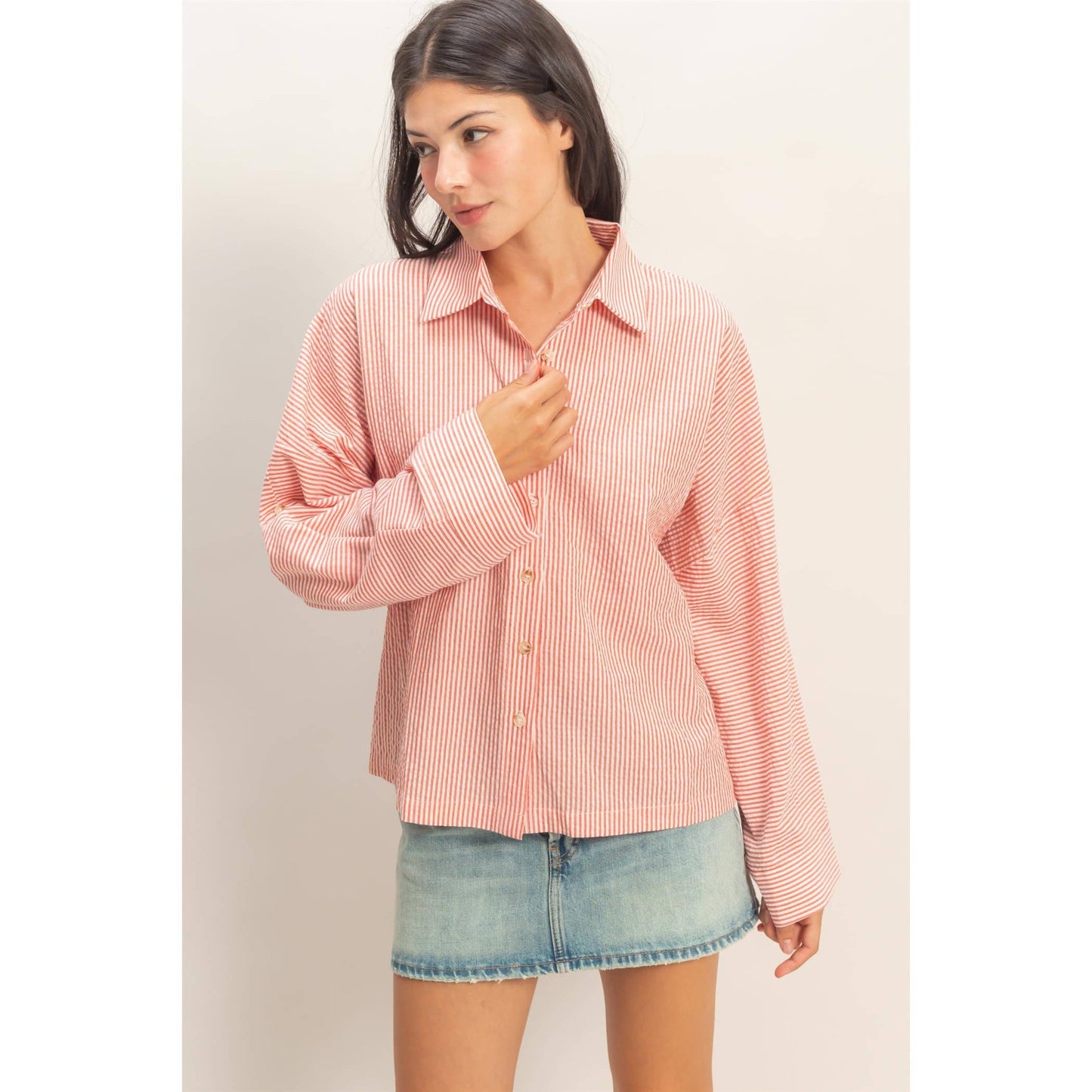 Fine Striped Button-Up Shirt Red