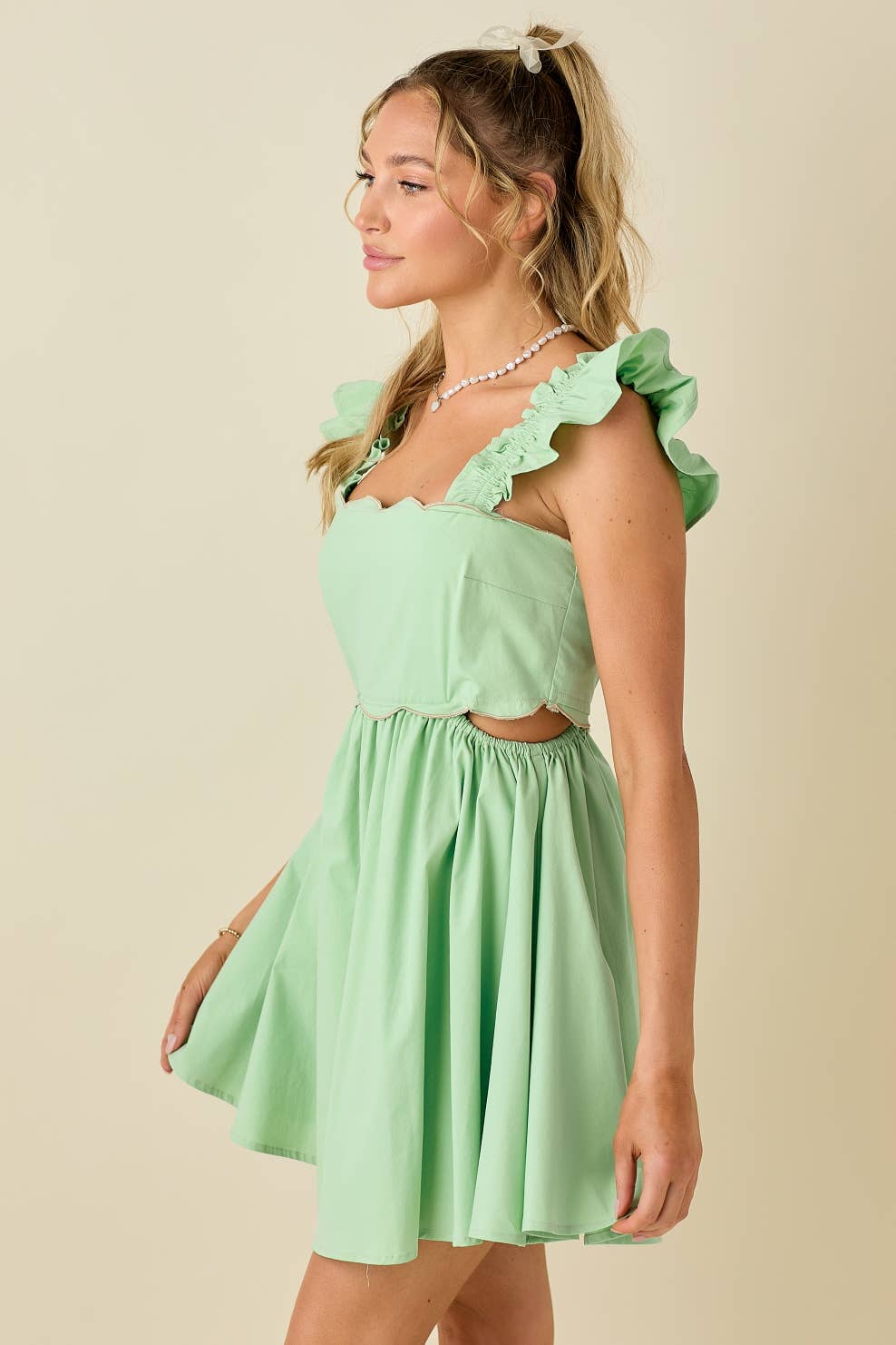 Scallop mini dress with ruffled shoulder