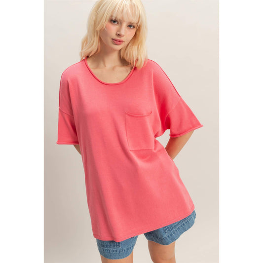 Oversized Short Sleeve Round Neck Pocket Knit Top