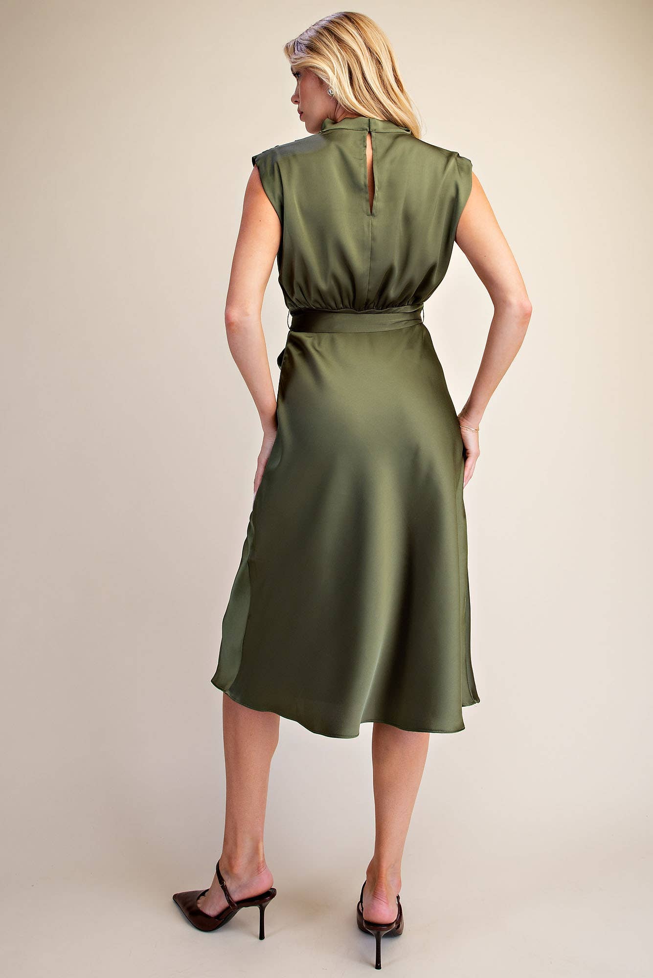 Waist Tie Sleeveless Midi Dress with Cowl Neck