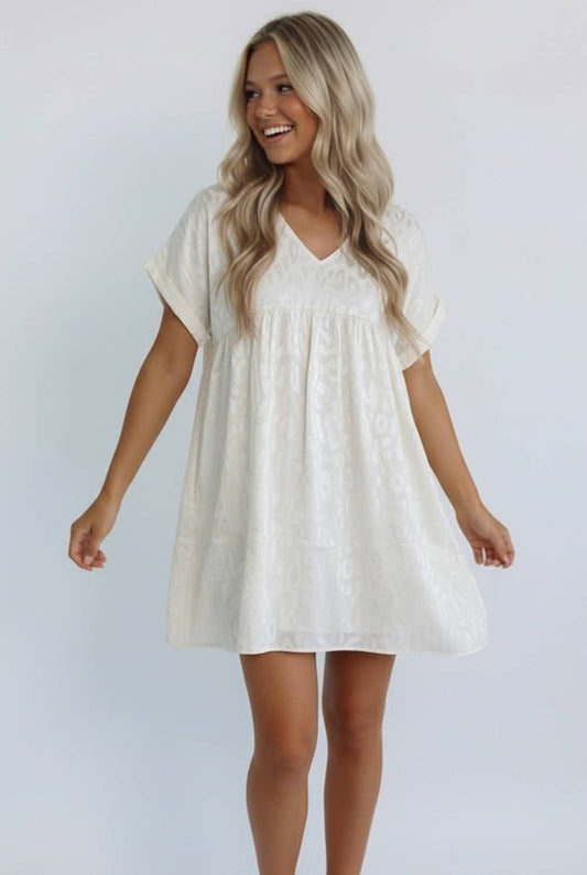 ANIMAL PRINT JACQUARD V NECK BABYDOLL DRESS