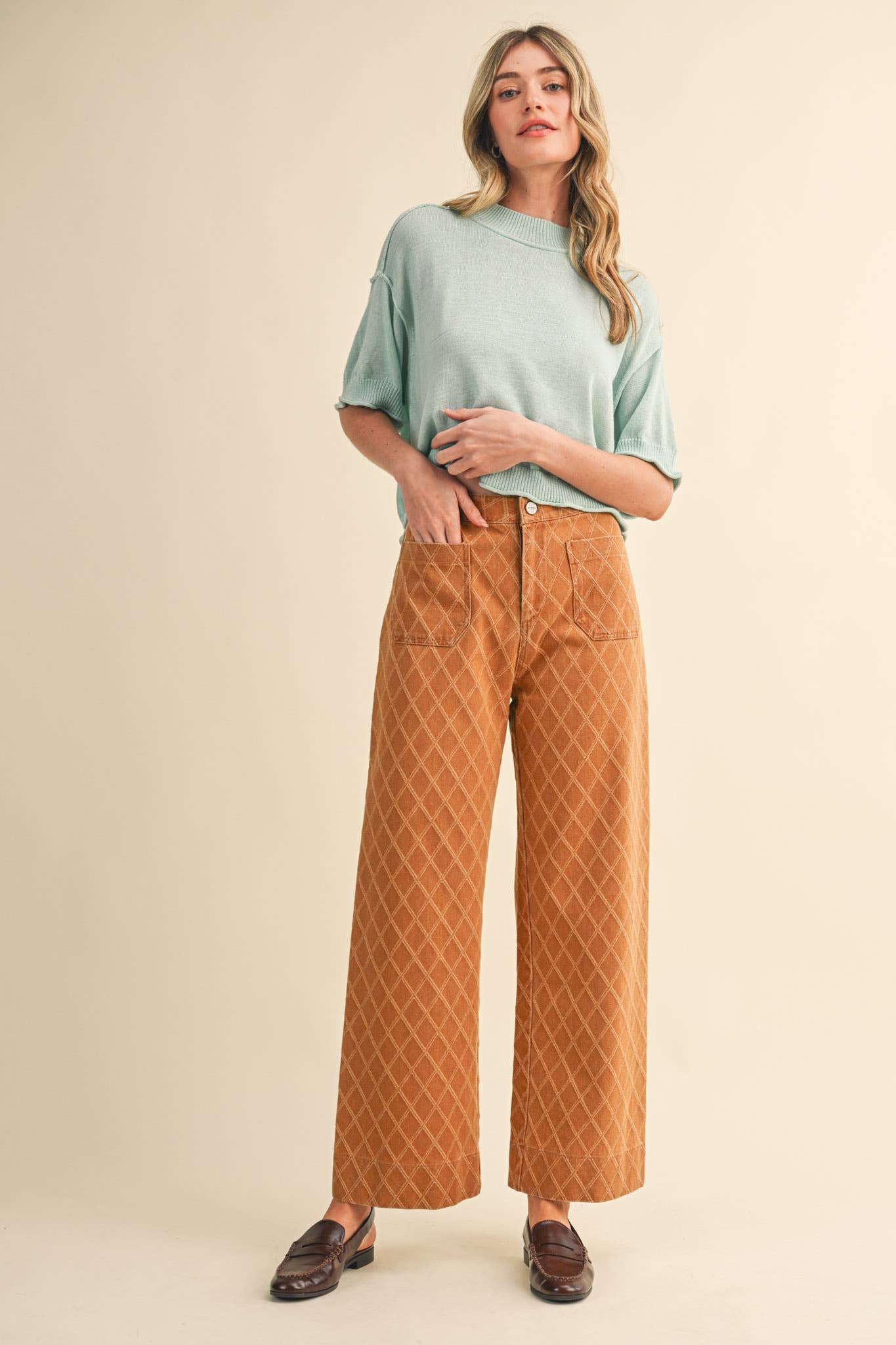 HIGH WAIST DIAMOND QUILTED TEXTURE WIDE LEG PANTS
