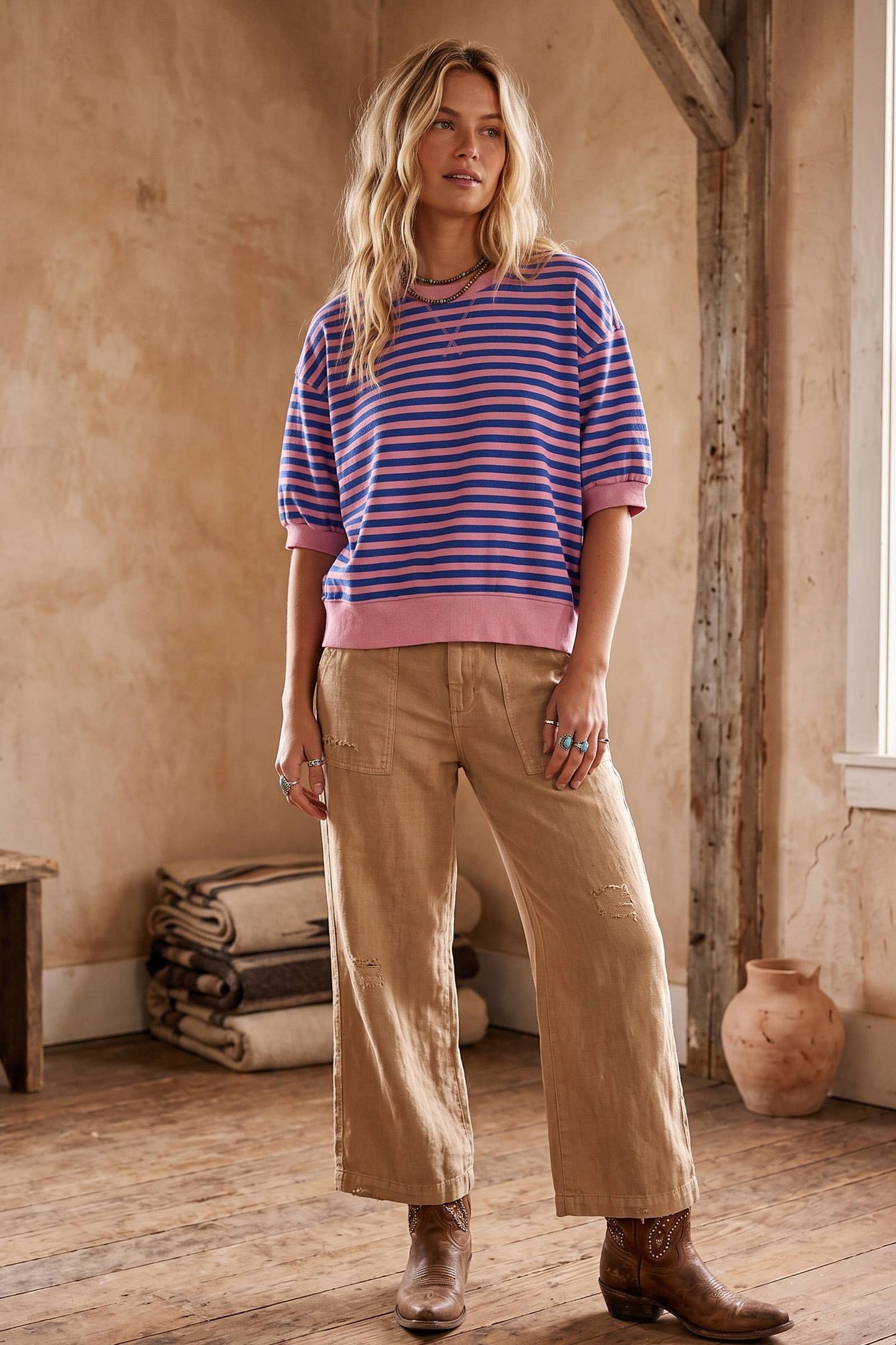 Striped Contrast Trim Knit Top