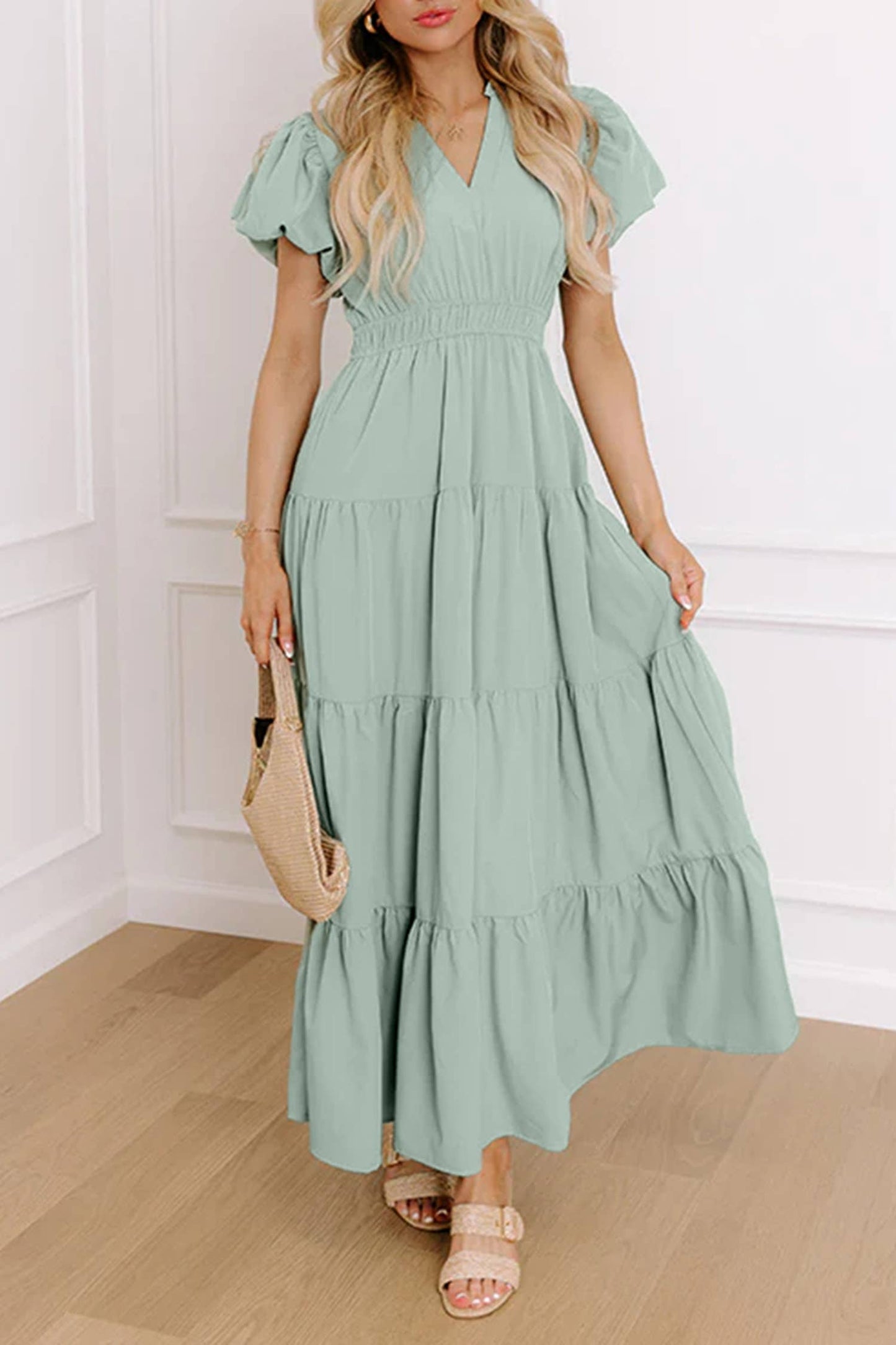Solid V Neck Short Puff Sleeve Tiered Maxi Dress | S-XL