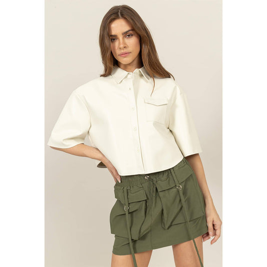 Faux Leather Button-Down Cropped Shirt Cream