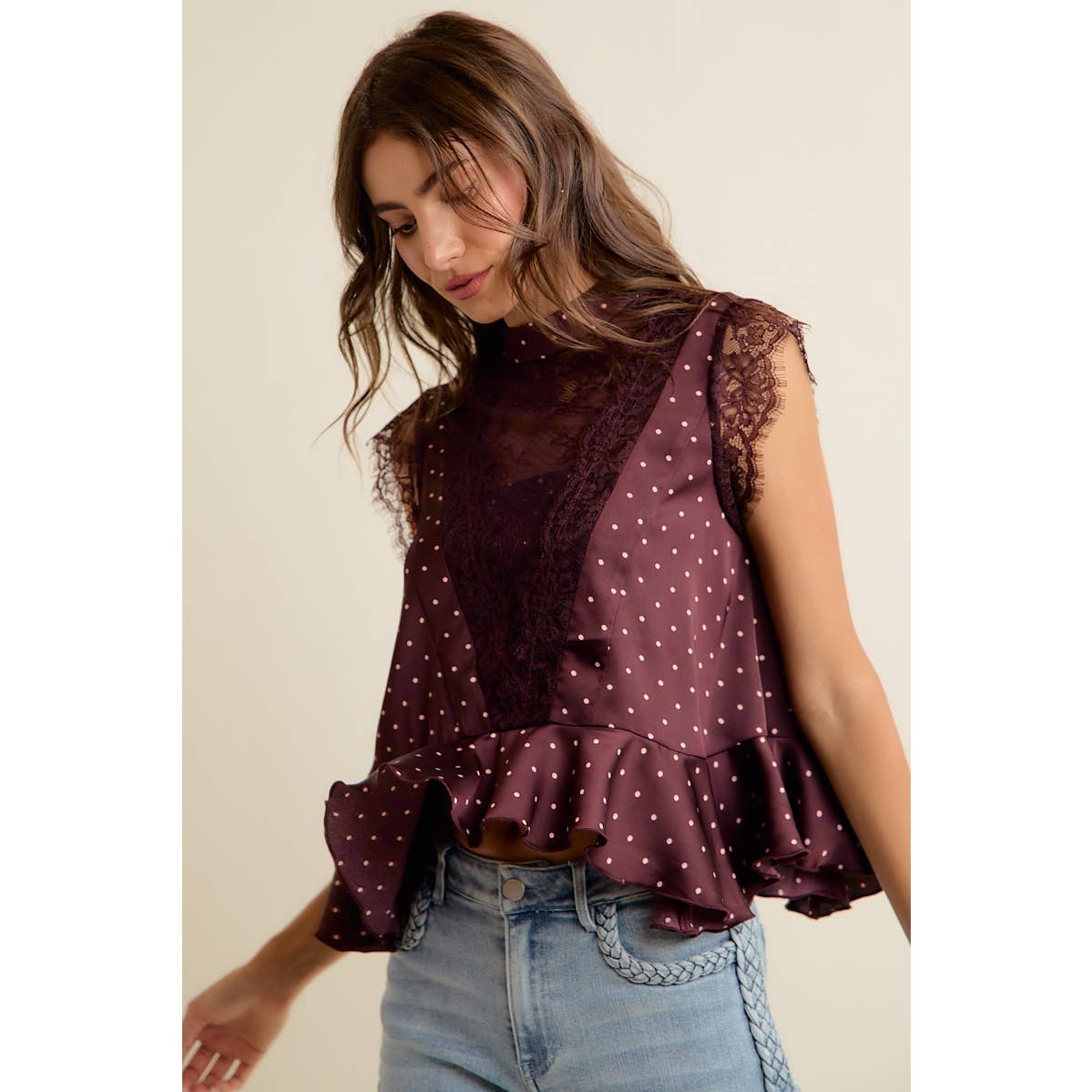 POLKA DOT LACE TRIM RUFFLED NECK BLOUSE