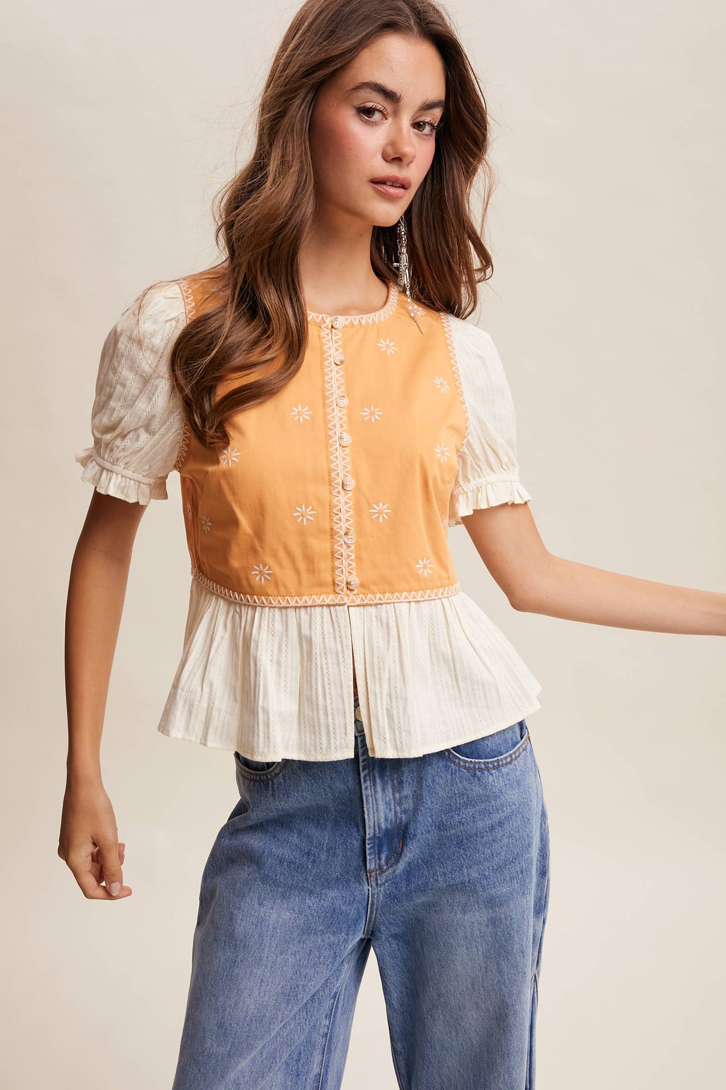 Embroidered Peplum Mixed-Media Top