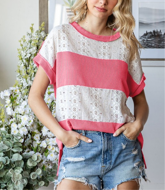 Rib Lace Detail Top Coral
