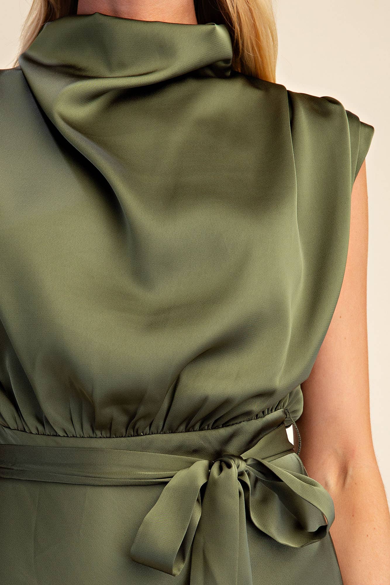 Waist Tie Sleeveless Midi Dress with Cowl Neck
