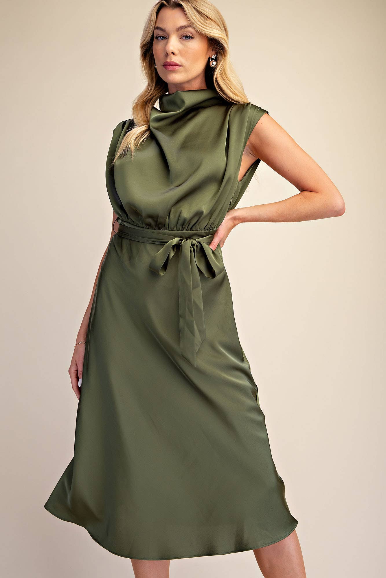 Waist Tie Sleeveless Midi Dress with Cowl Neck