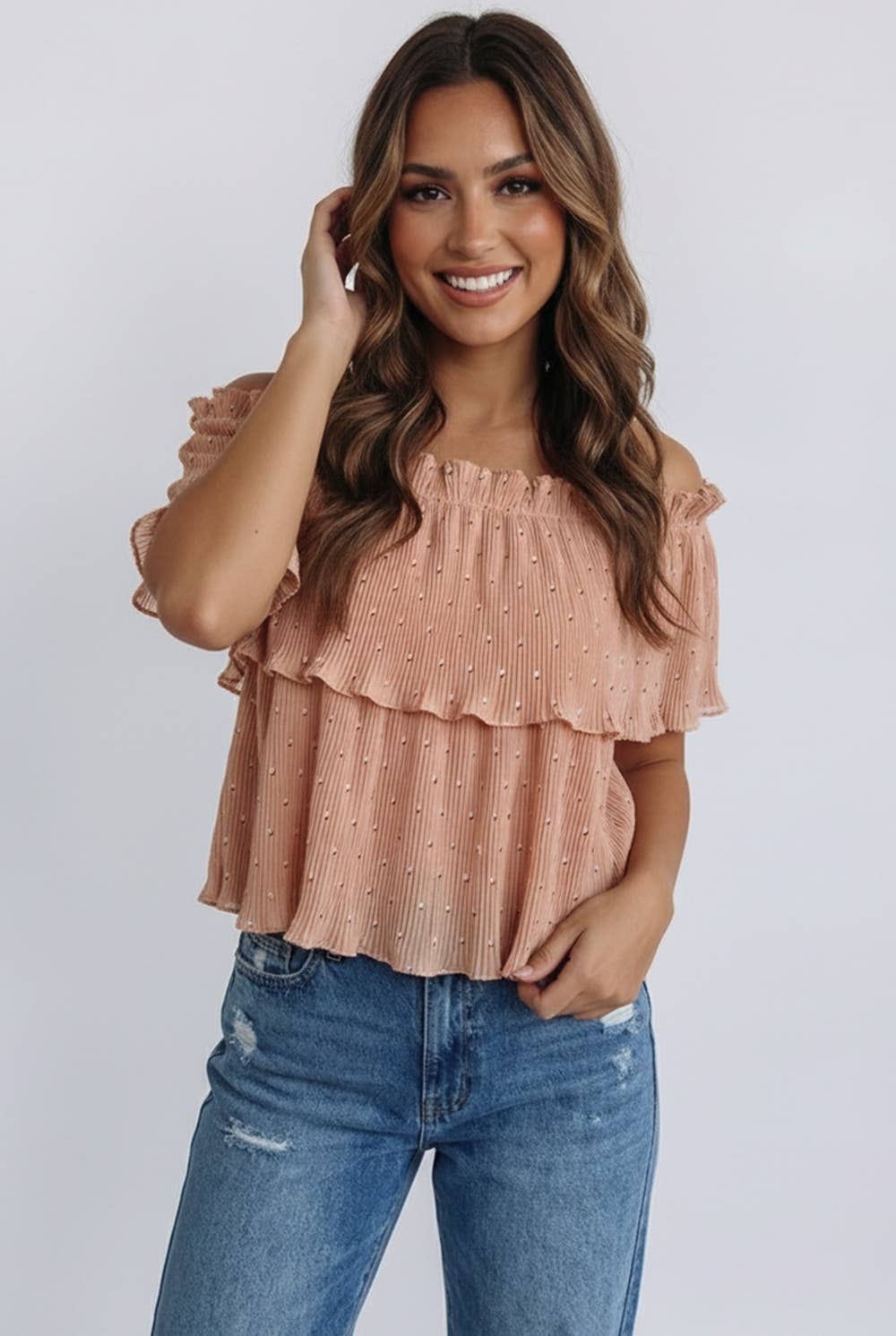 ACCORDION PLEAT FRILL NECK TOP