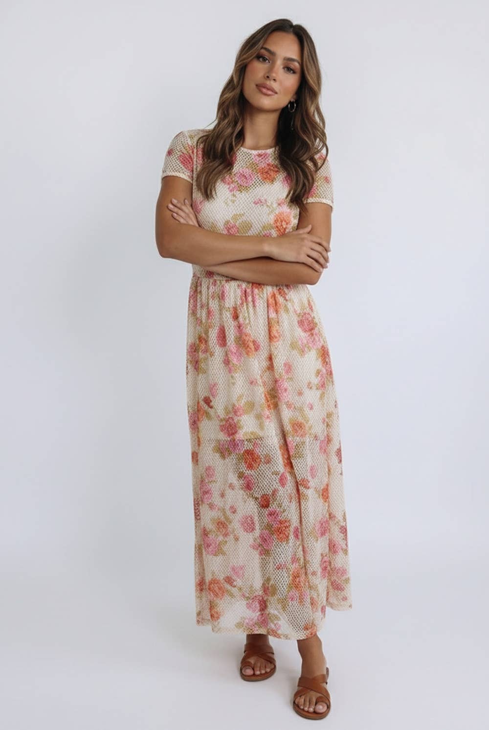 FLORAL PRINT NETTED LINED MIDI DRESS