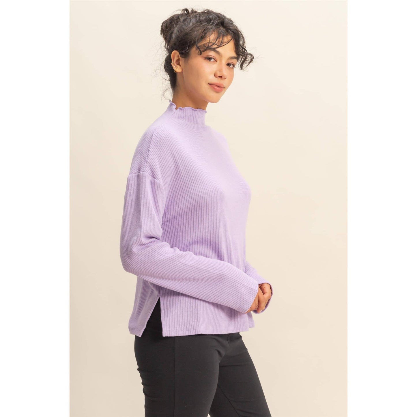 Oversized High Neck Top With Side Slit Lavender