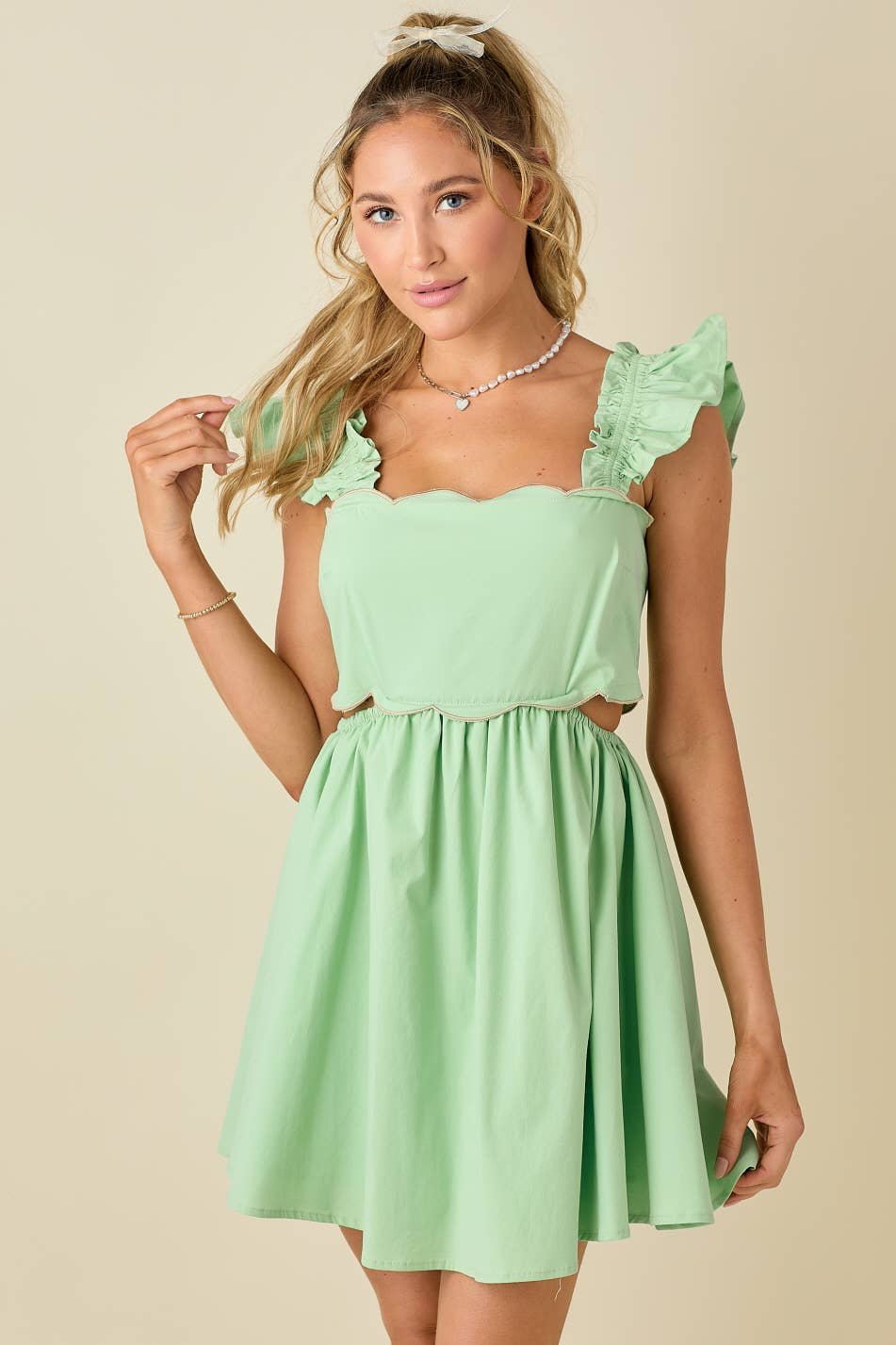 Scallop mini dress with ruffled shoulder