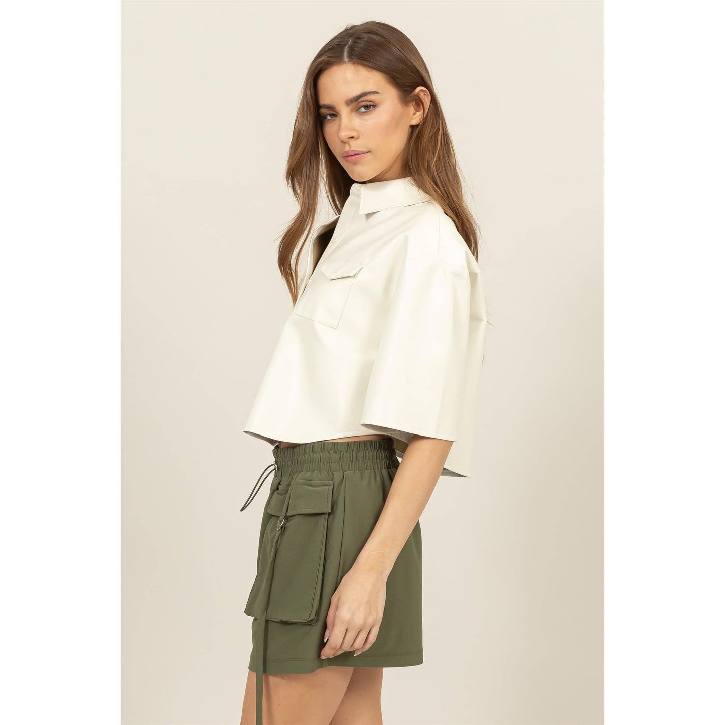 Faux Leather Button-Down Cropped Shirt Cream