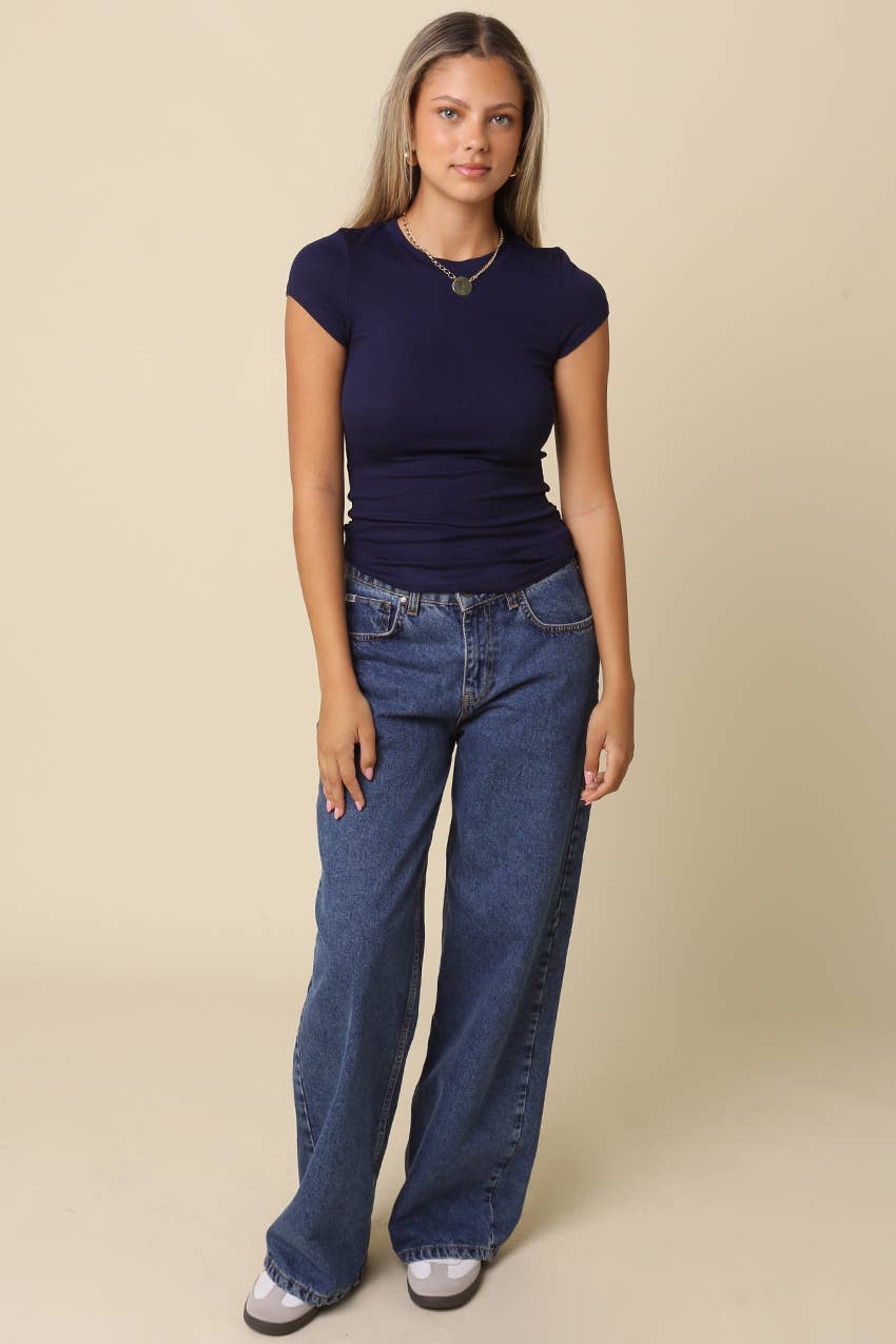 Serena Ribbed Cap Sleeve Top: Dark Navy