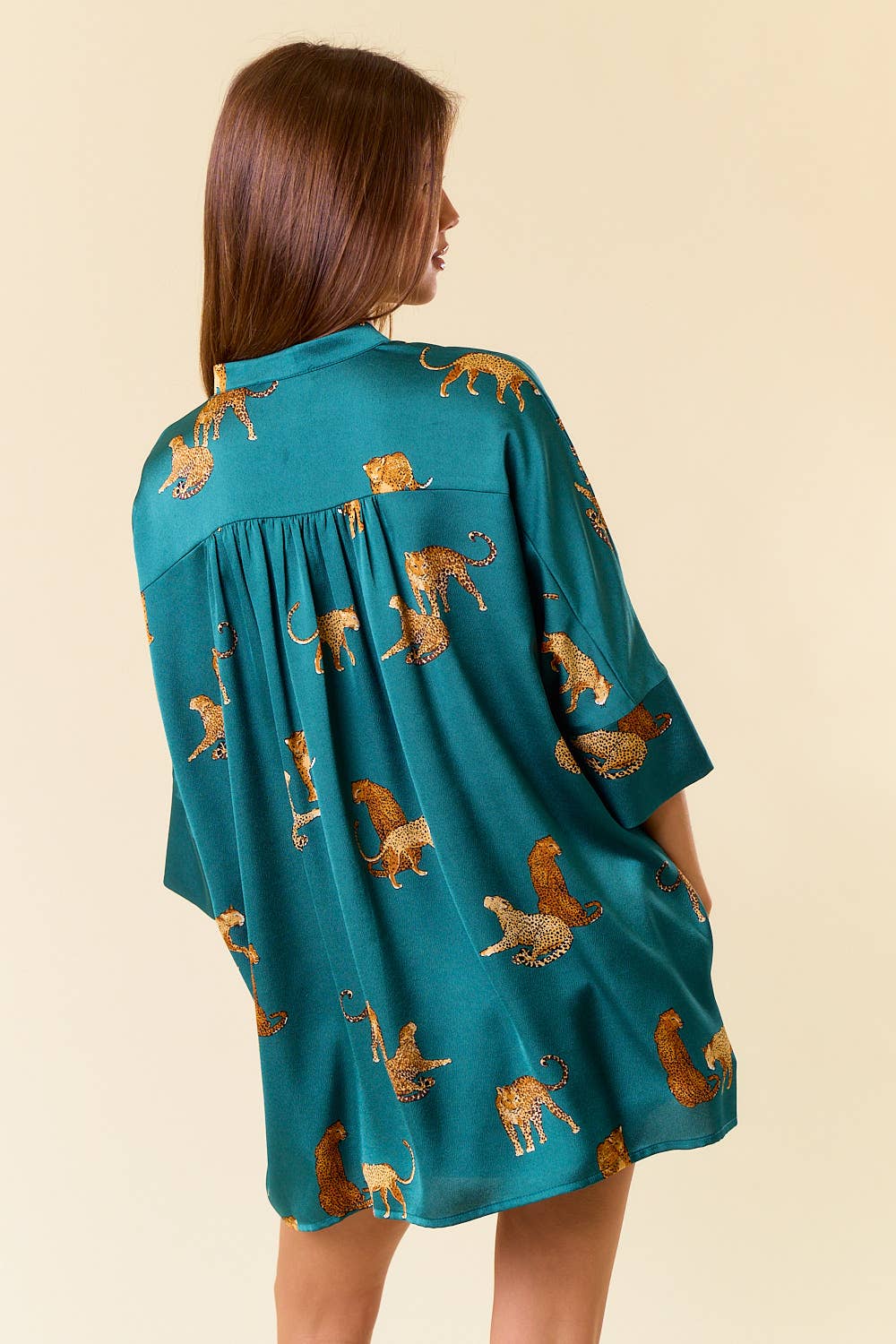 Animal Print 3/4 Sleeve Button Down Oversize Shirt