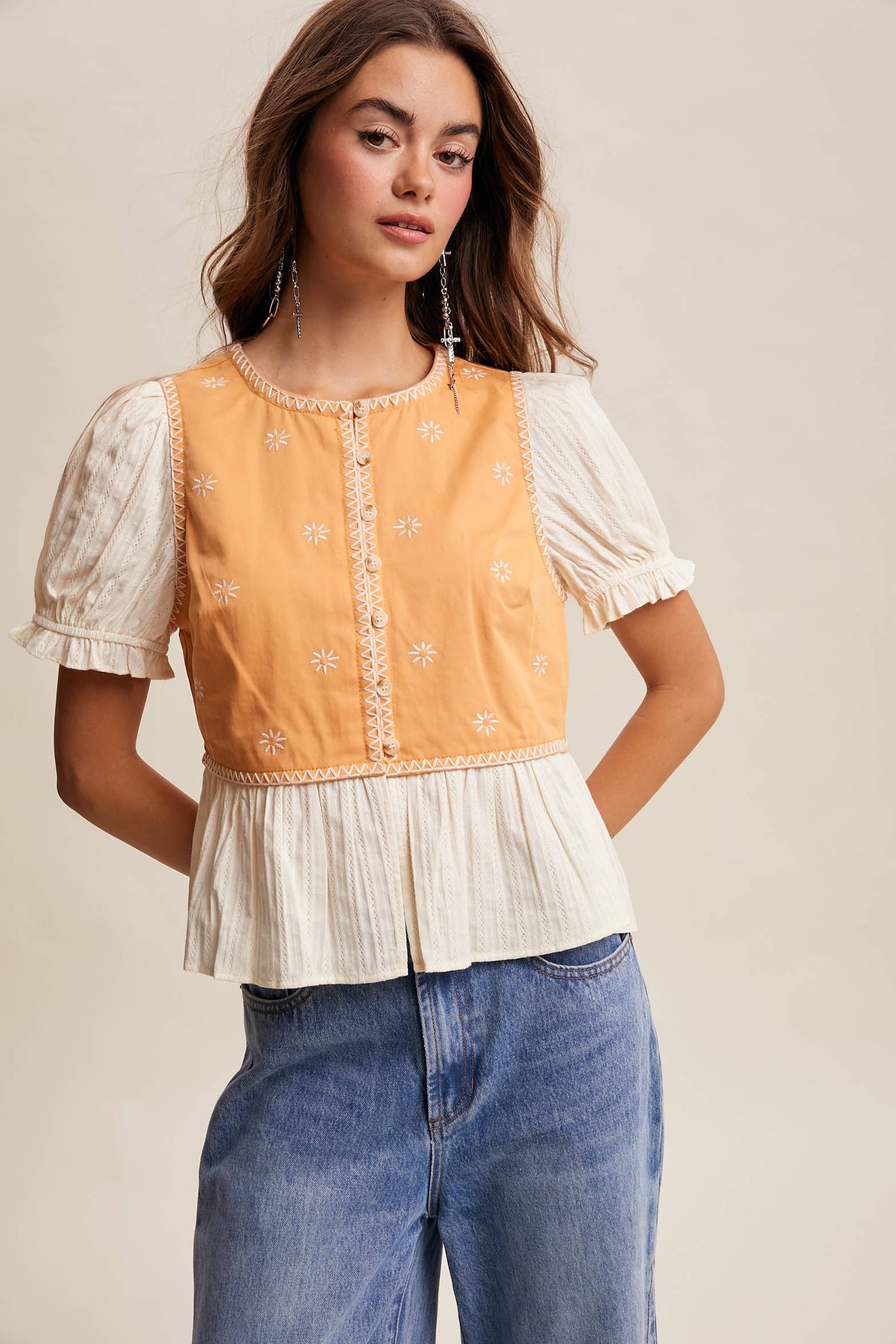 Embroidered Peplum Mixed-Media Top