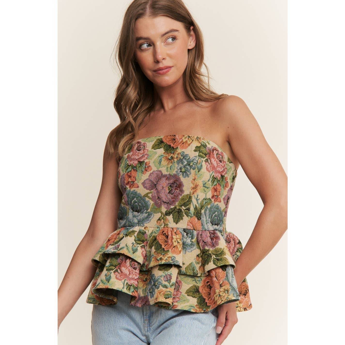 VINTAGE FLORAL PRINT WOVEN PEPLUM TIERED TUBE TOP