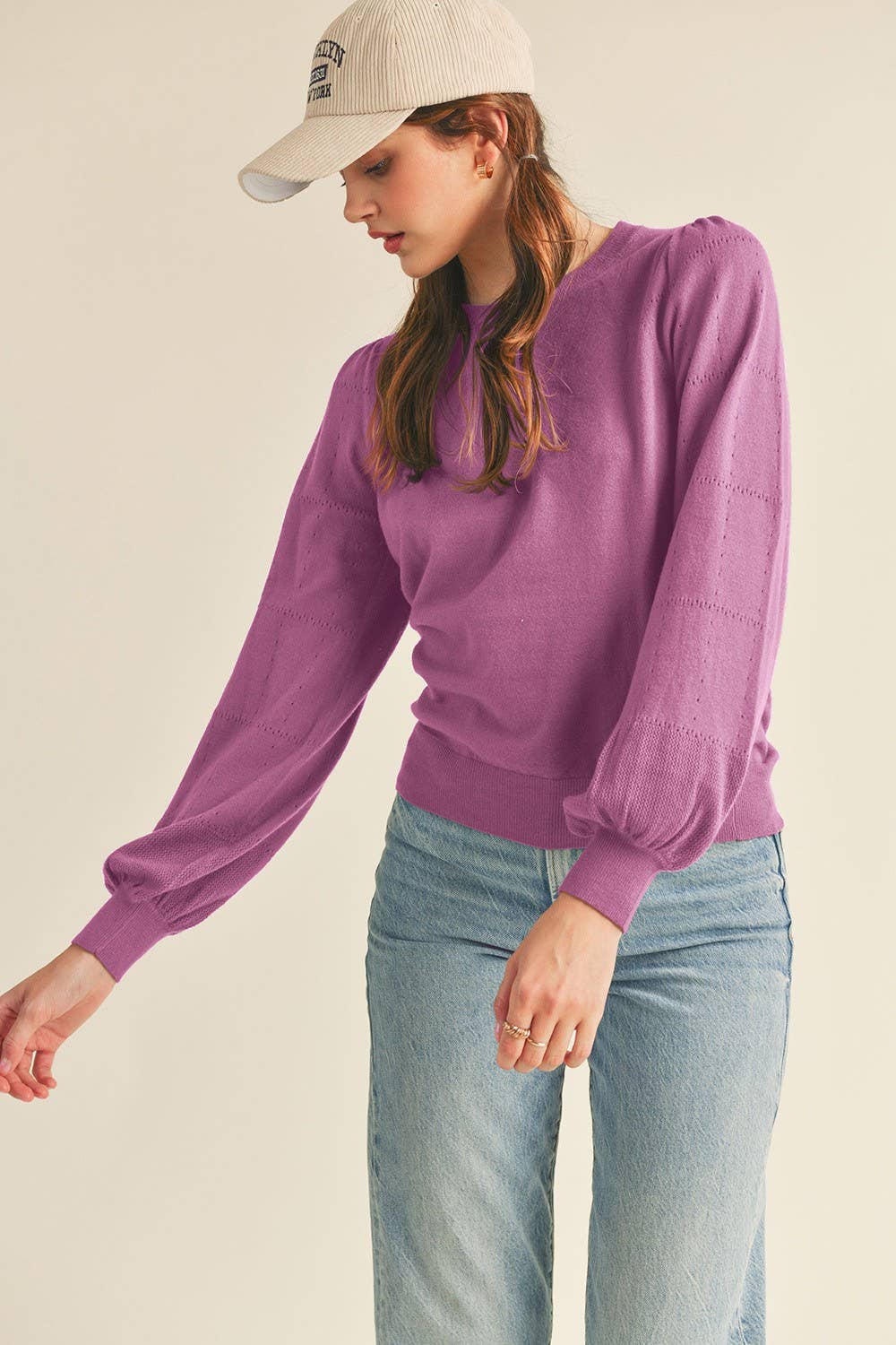 POINTELLE PUFF SLEEVE SWEATER MSW10115