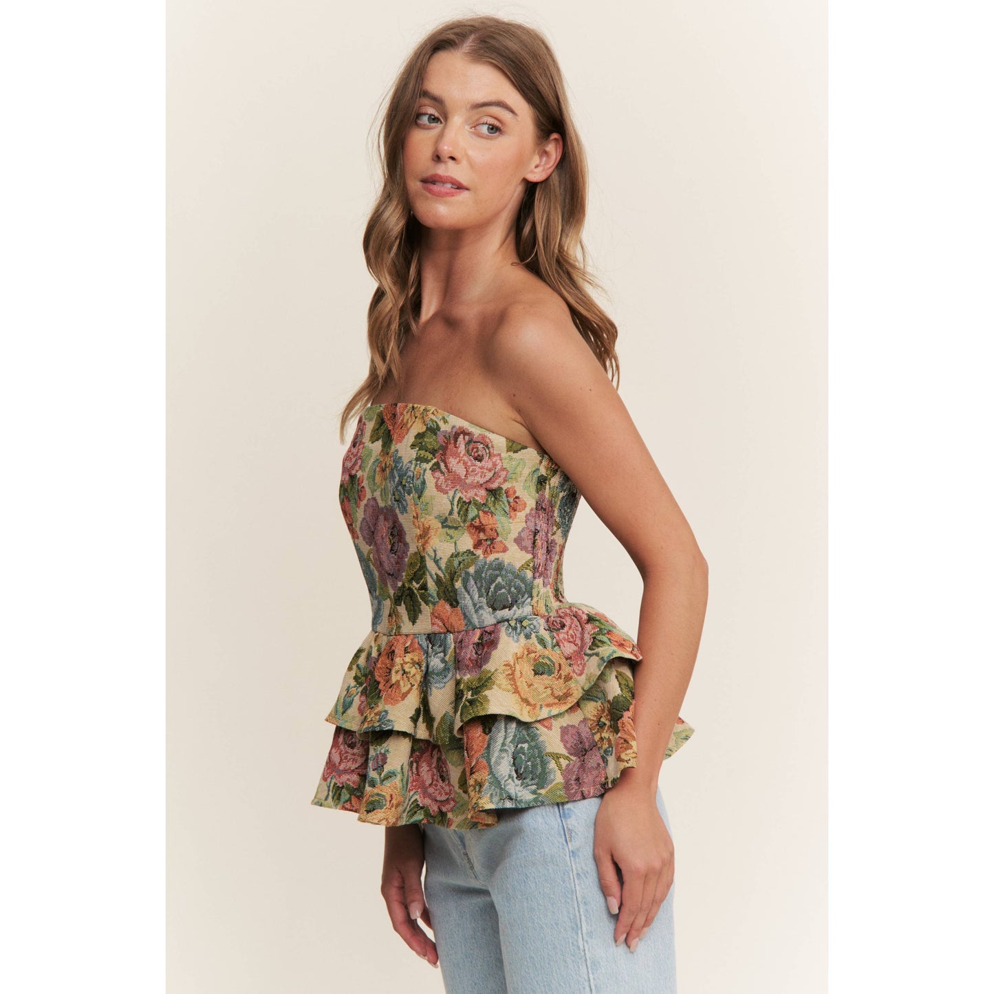 VINTAGE FLORAL PRINT WOVEN PEPLUM TIERED TUBE TOP